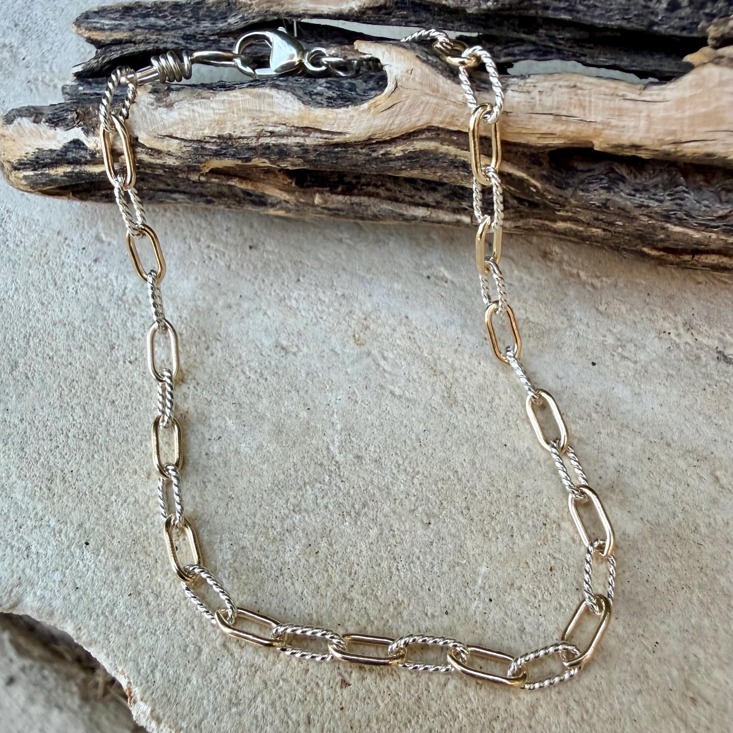 Sterling Silver 14kt Gold Filled Paperclip Bracelet • Twisted Chain • Mixed Metal Layering