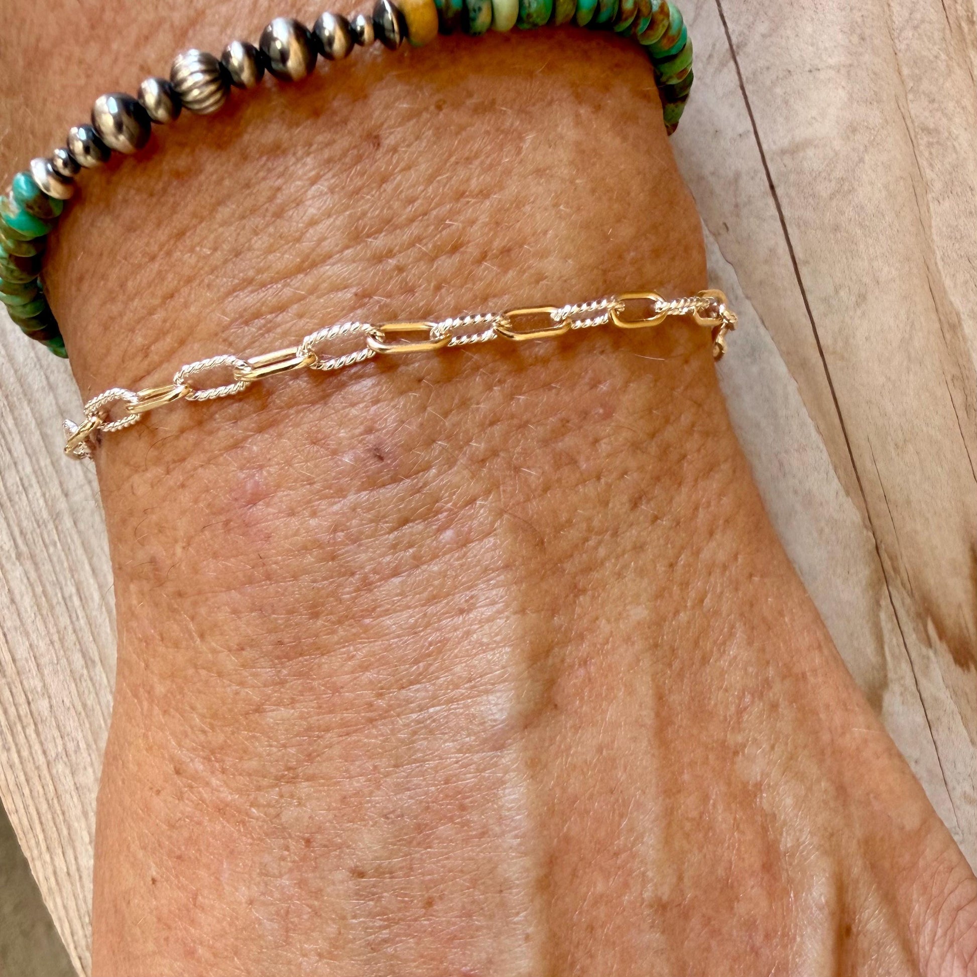 Sterling Silver 14kt Gold Filled Paperclip Bracelet • Twisted Chain • Mixed Metal Layering