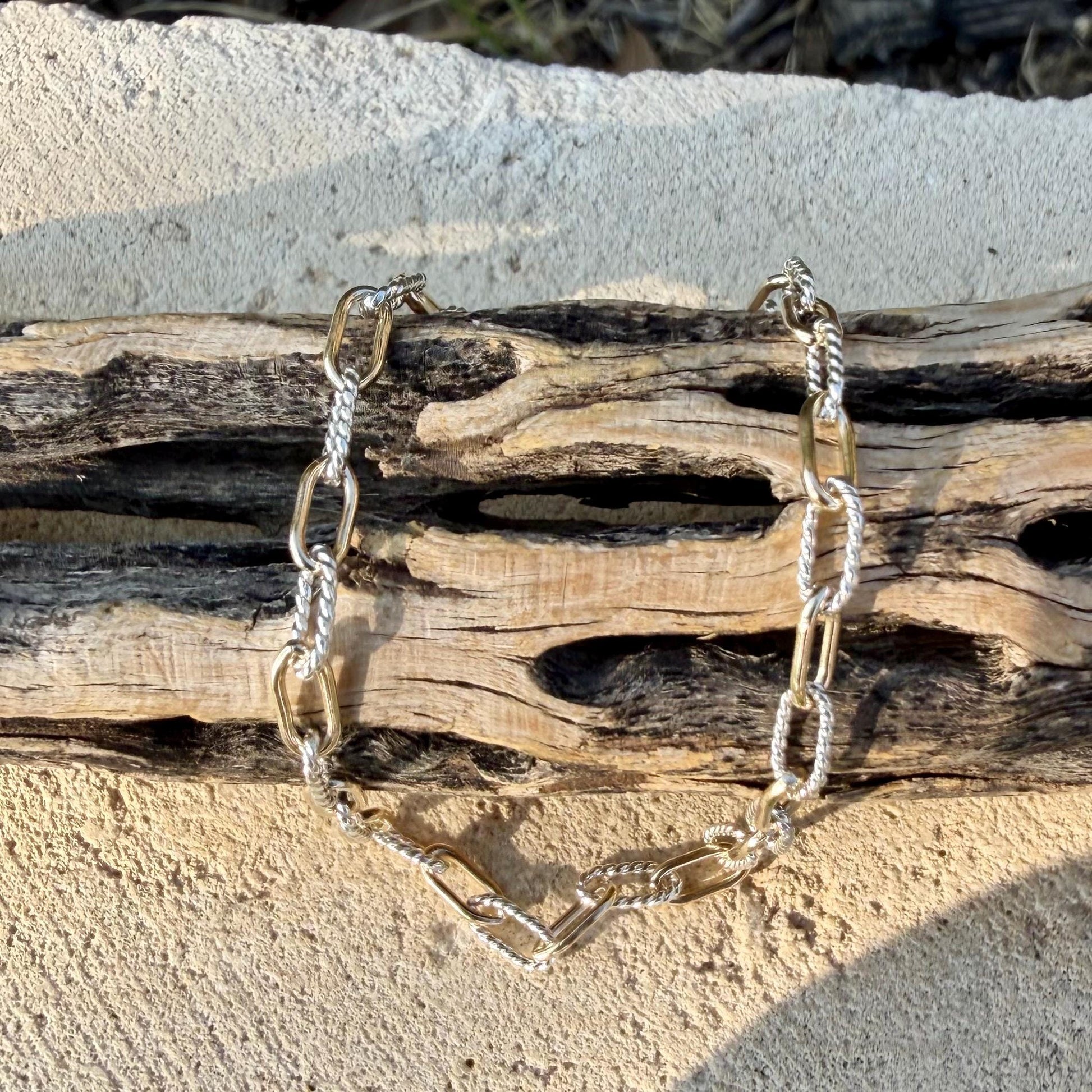 Sterling Silver 14kt Gold Filled Paperclip Bracelet • Twisted Chain • Mixed Metal Layering