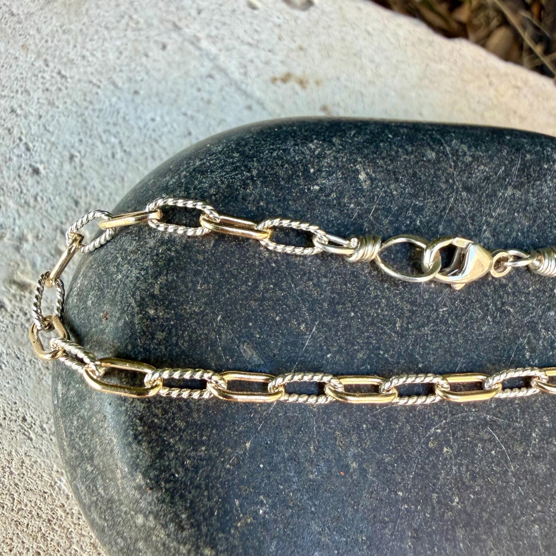 Sterling Silver 14kt Gold Filled Paperclip Bracelet • Twisted Chain • Mixed Metal Layering