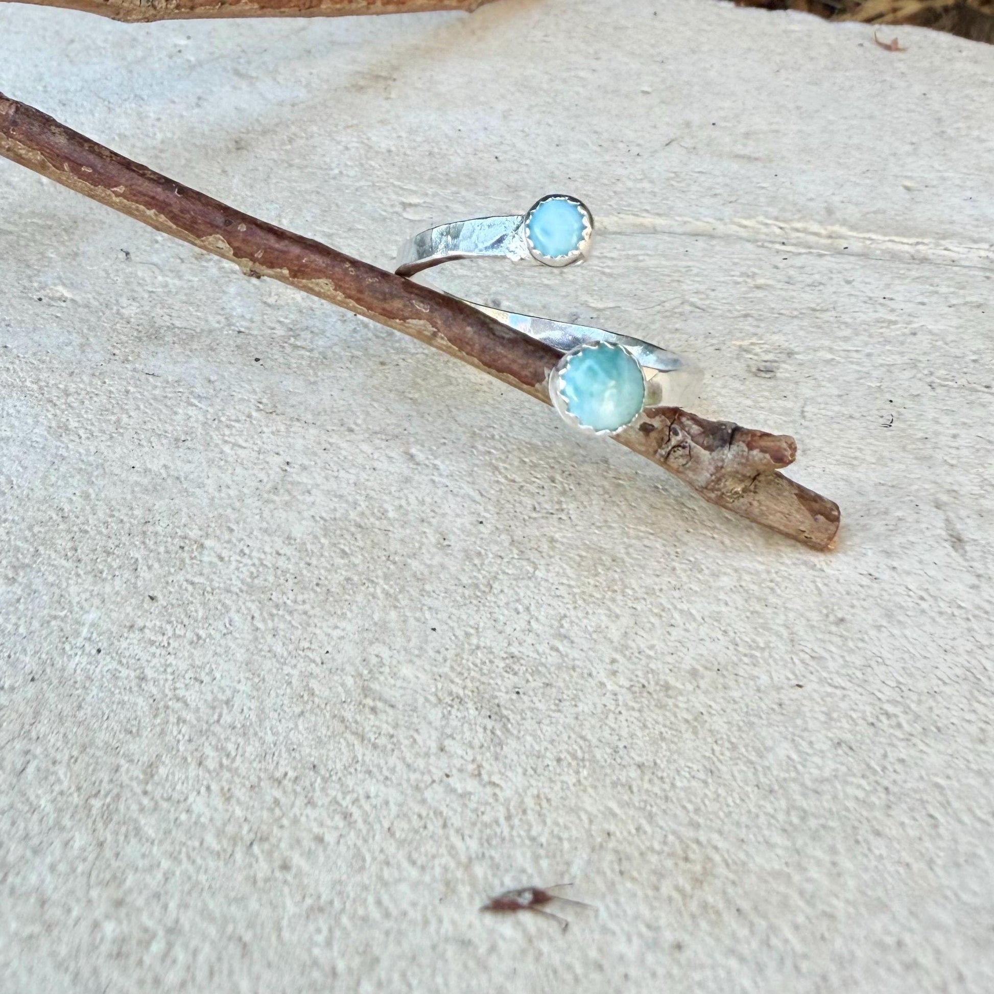 Larimar Sterling Silver Ring • Adjustable Double Bezel • Sky‑Blue Caribbean Stone