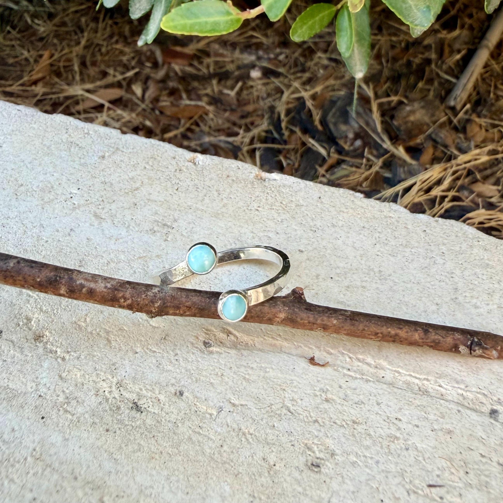 Larimar Sterling Silver Ring • Adjustable Double Bezel • Sky‑Blue Caribbean Stone