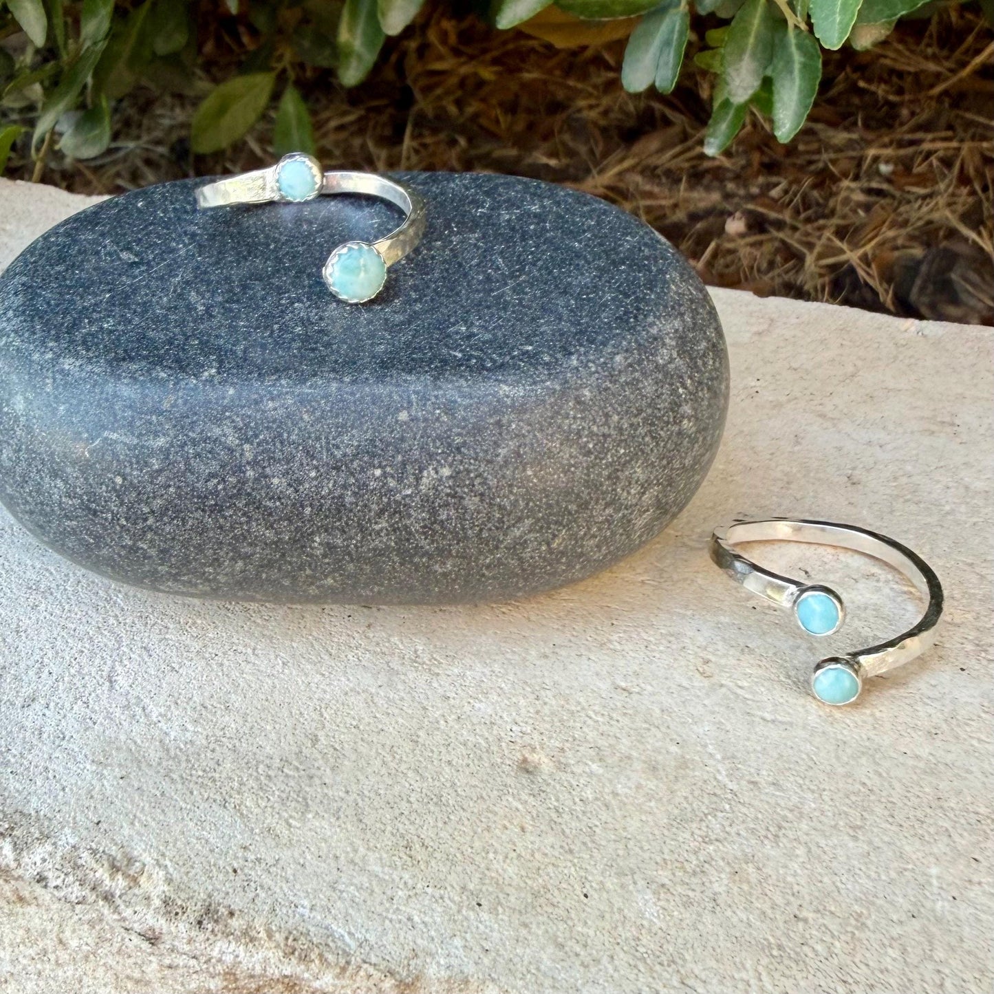 Larimar Sterling Silver Ring • Adjustable Double Bezel • Sky‑Blue Caribbean Stone