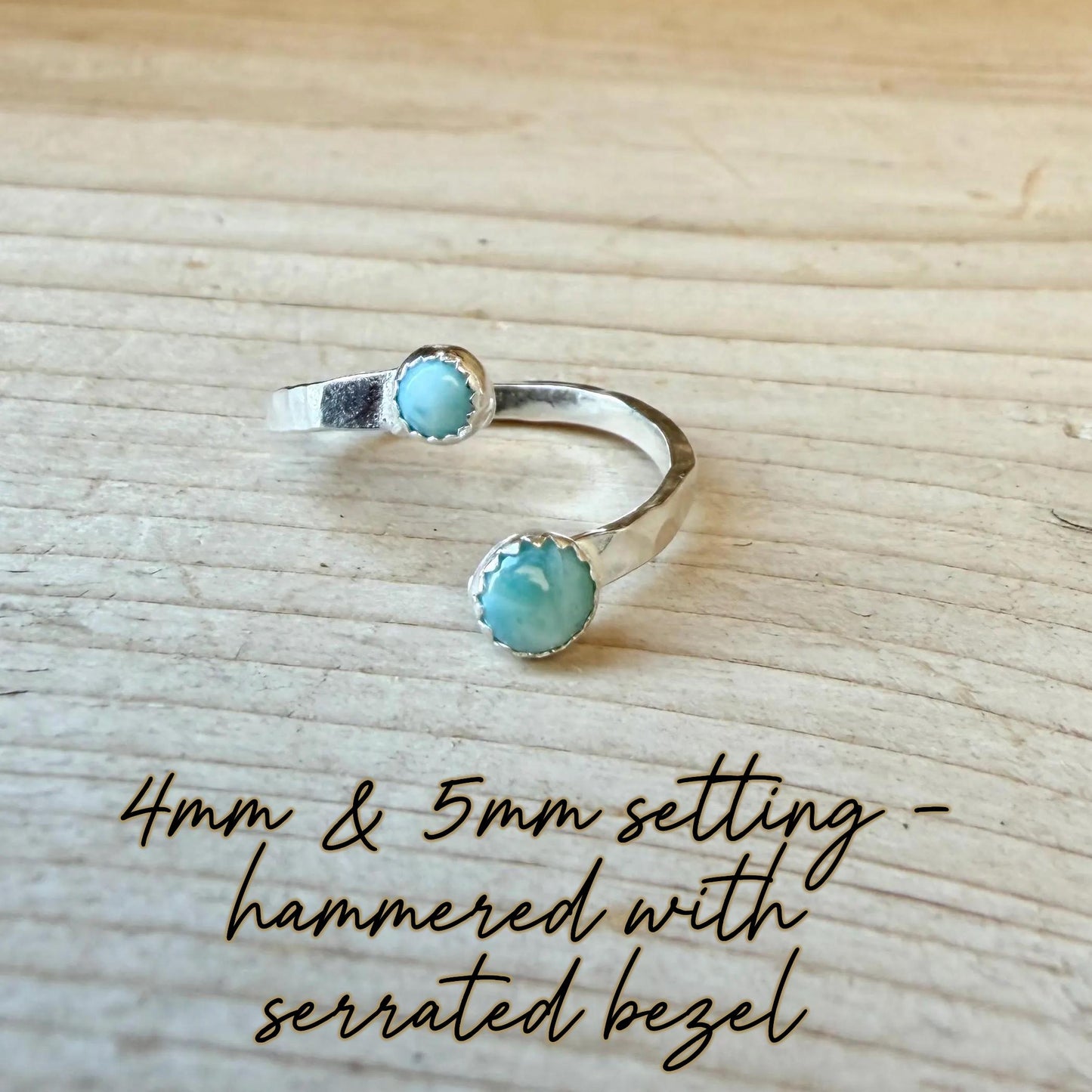 Larimar Sterling Silver Ring • Adjustable Double Bezel • Sky‑Blue Caribbean Stone