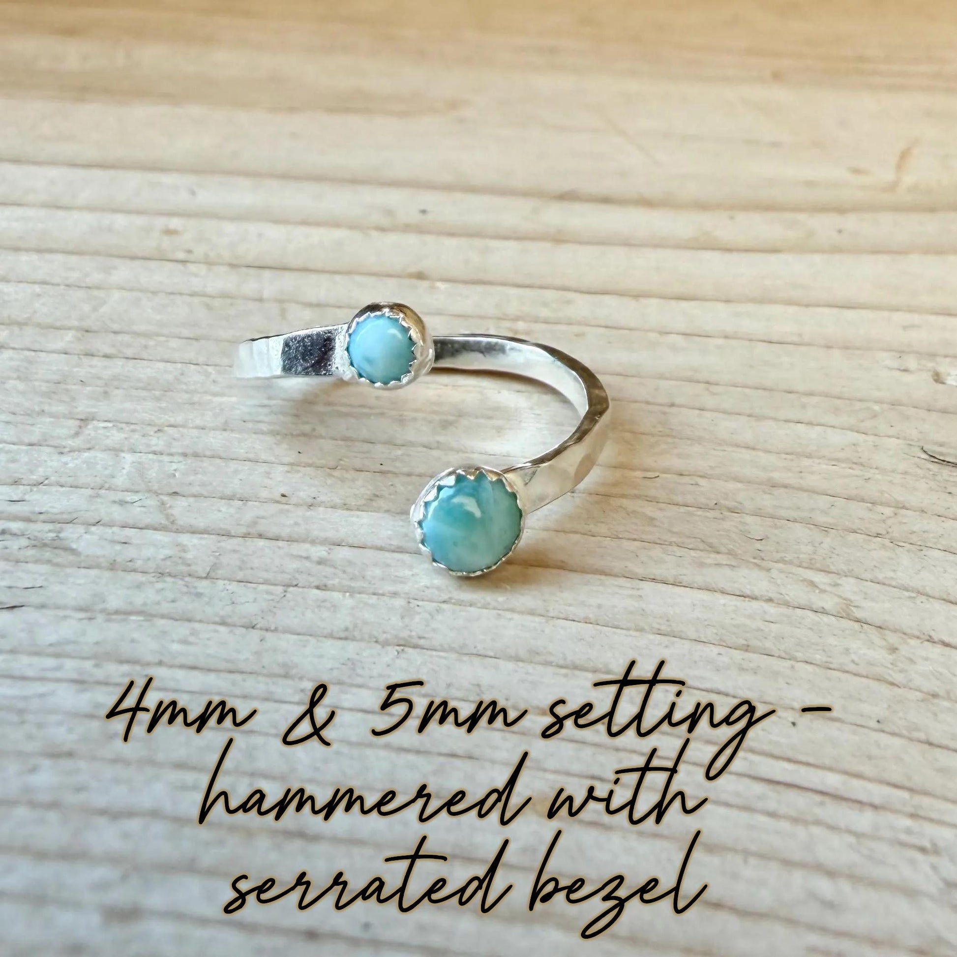 Larimar Sterling Silver Ring • Adjustable Double Bezel • Sky‑Blue Caribbean Stone