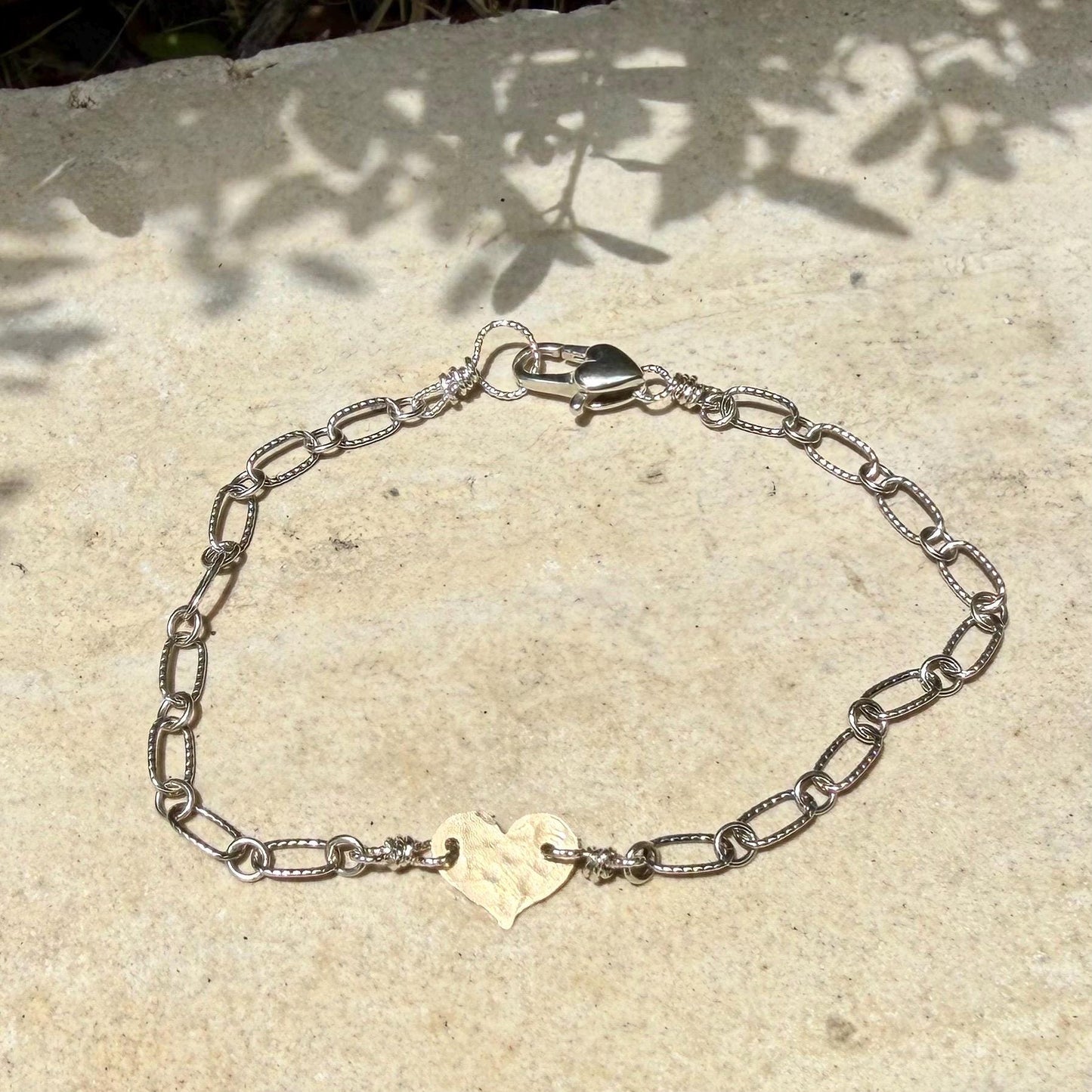 Mixed‑Metal Heart Bracelet • 14k Gold‑Filled Heart • Sterling Silver Chain • Dainty Jewelry