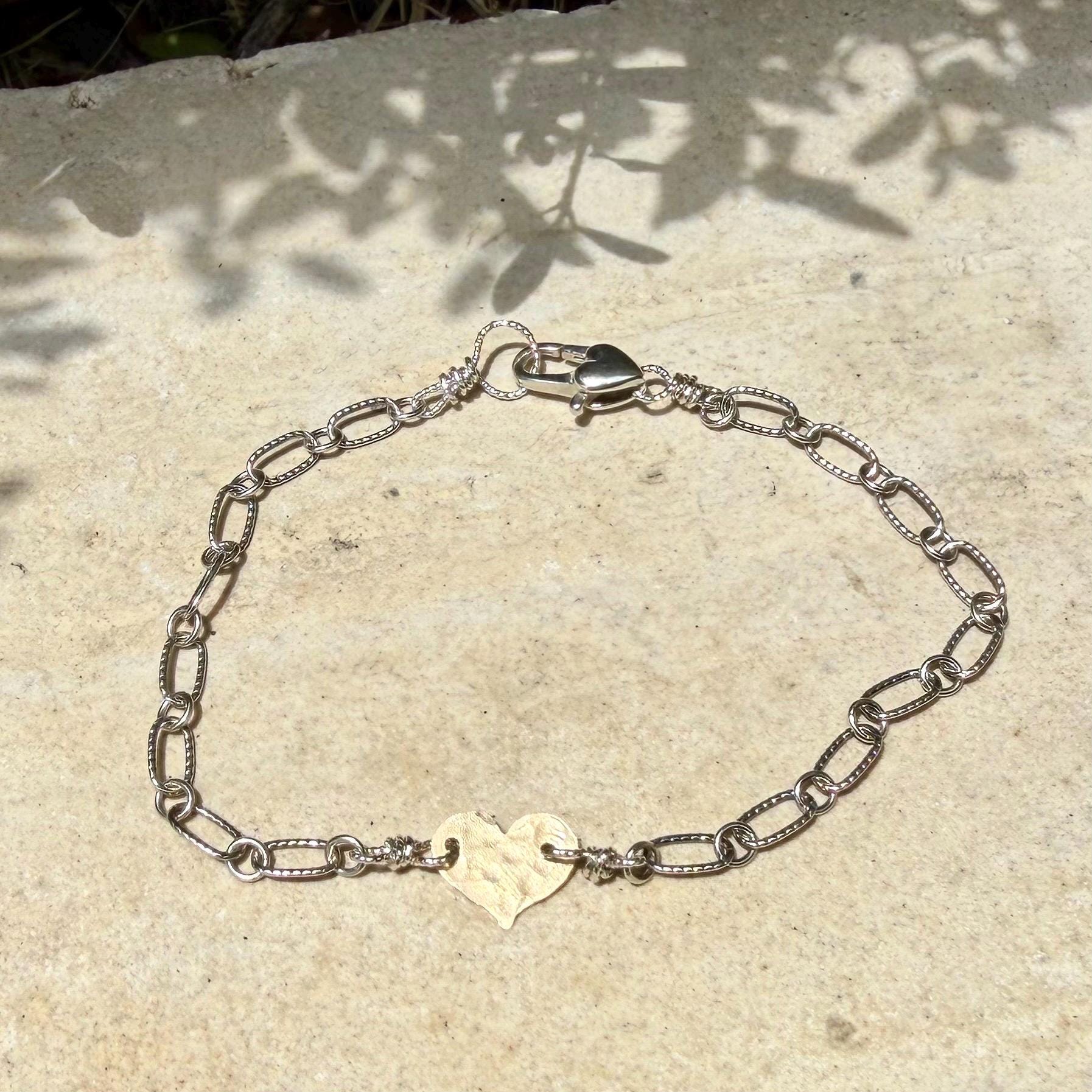 Mixed‑Metal Heart Bracelet • 14k Gold‑Filled Heart • Sterling Silver Chain • Dainty Jewelry