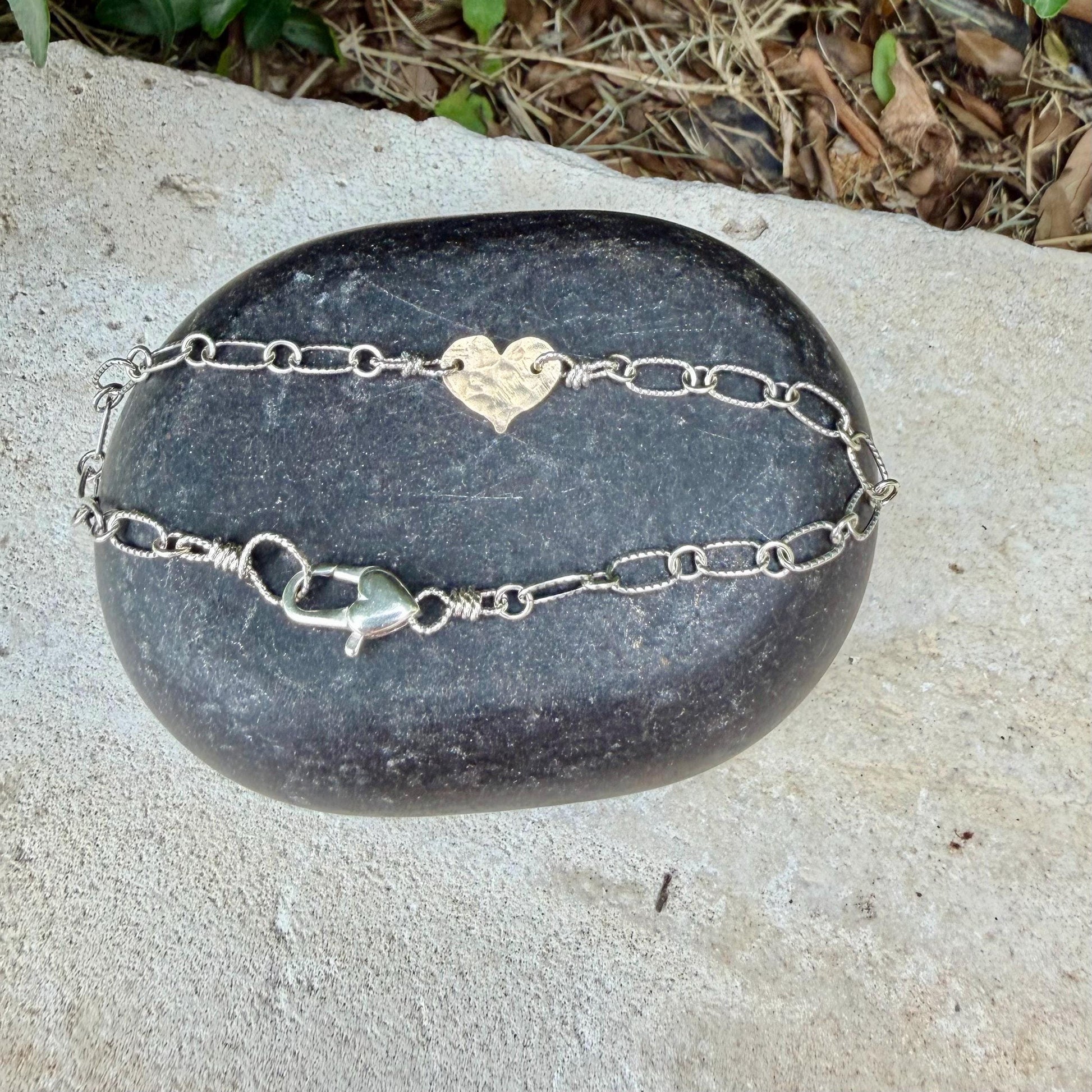 Mixed‑Metal Heart Bracelet • 14k Gold‑Filled Heart • Sterling Silver Chain • Dainty Jewelry