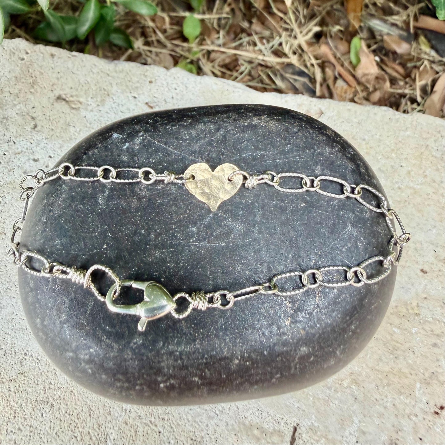 Mixed‑Metal Heart Bracelet • 14k Gold‑Filled Heart • Sterling Silver Chain • Dainty Jewelry