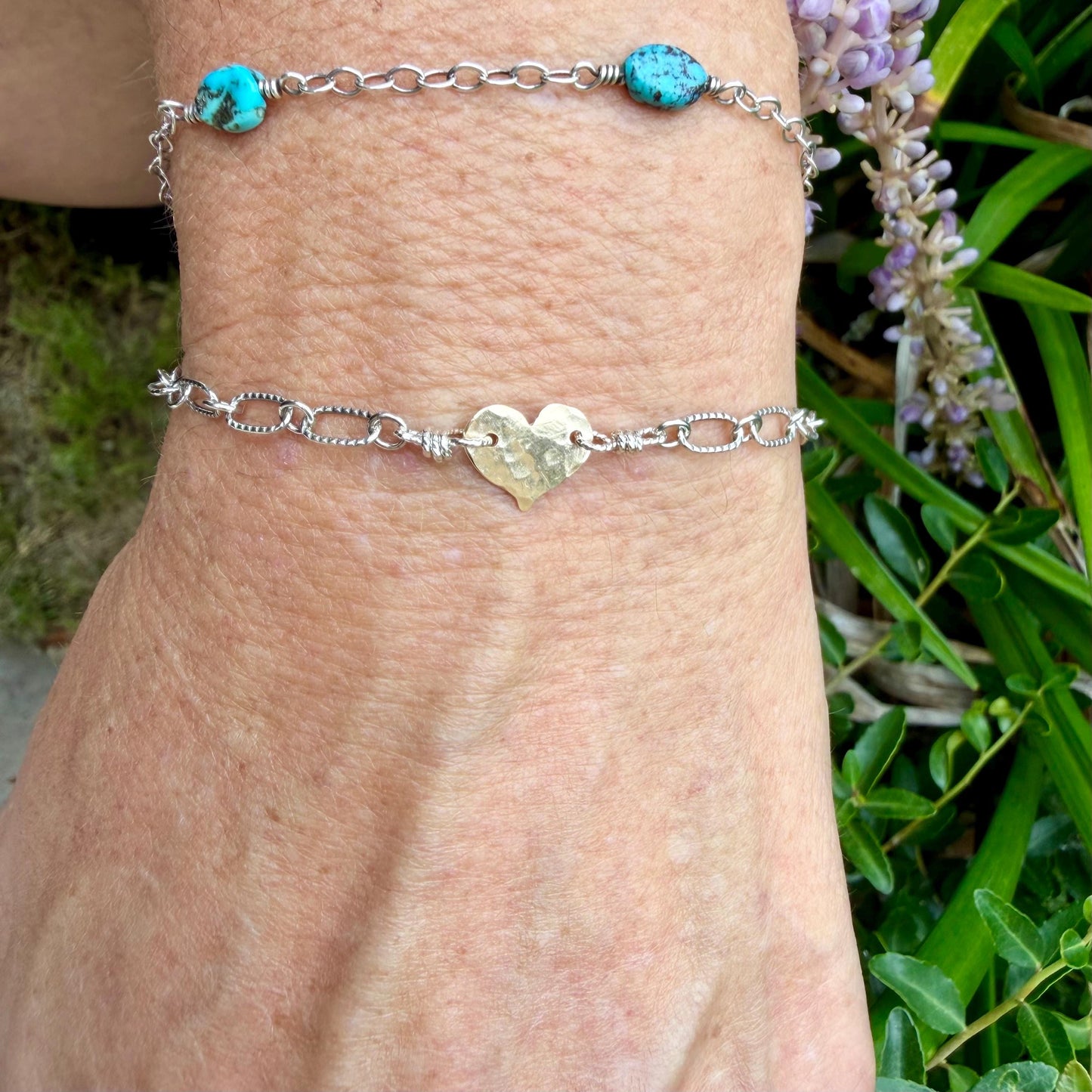 Mixed‑Metal Heart Bracelet • 14k Gold‑Filled Heart • Sterling Silver Chain • Dainty Jewelry