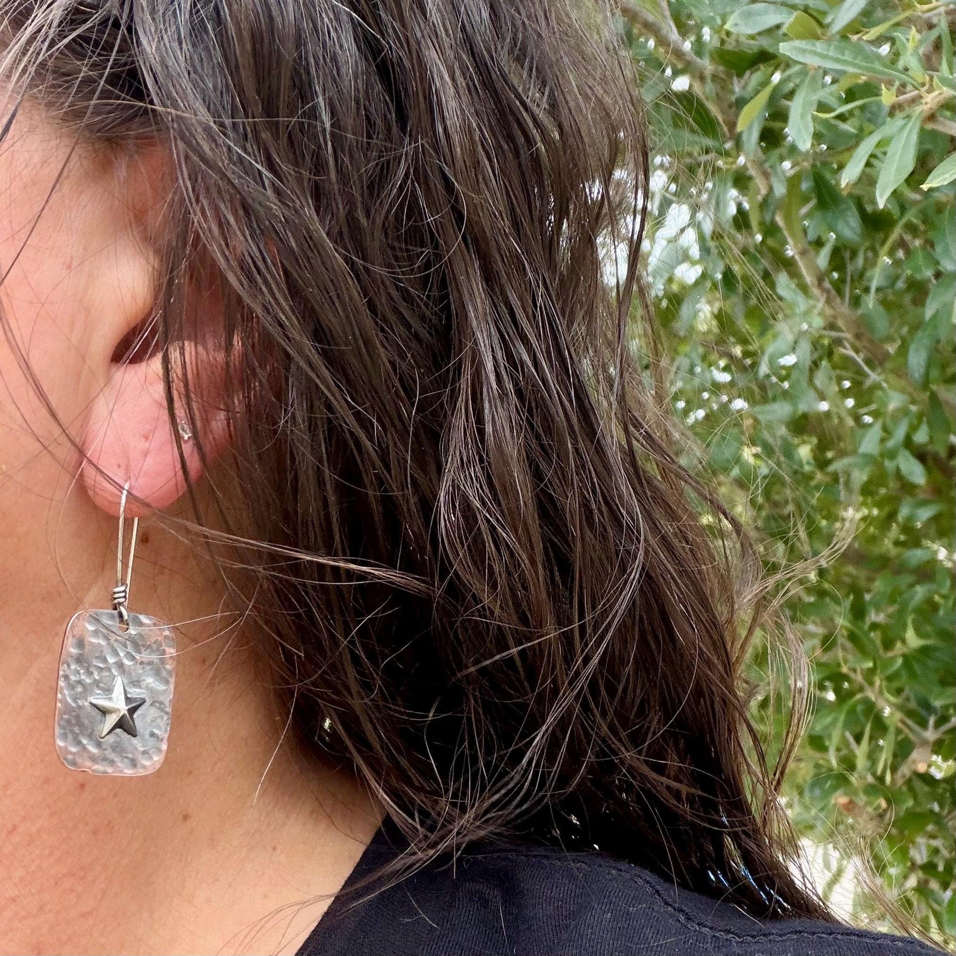 Mixed Metal Copper Earrings with Sterling Silver Star · Lonestar Hammered Western Dangle Drop Earrings