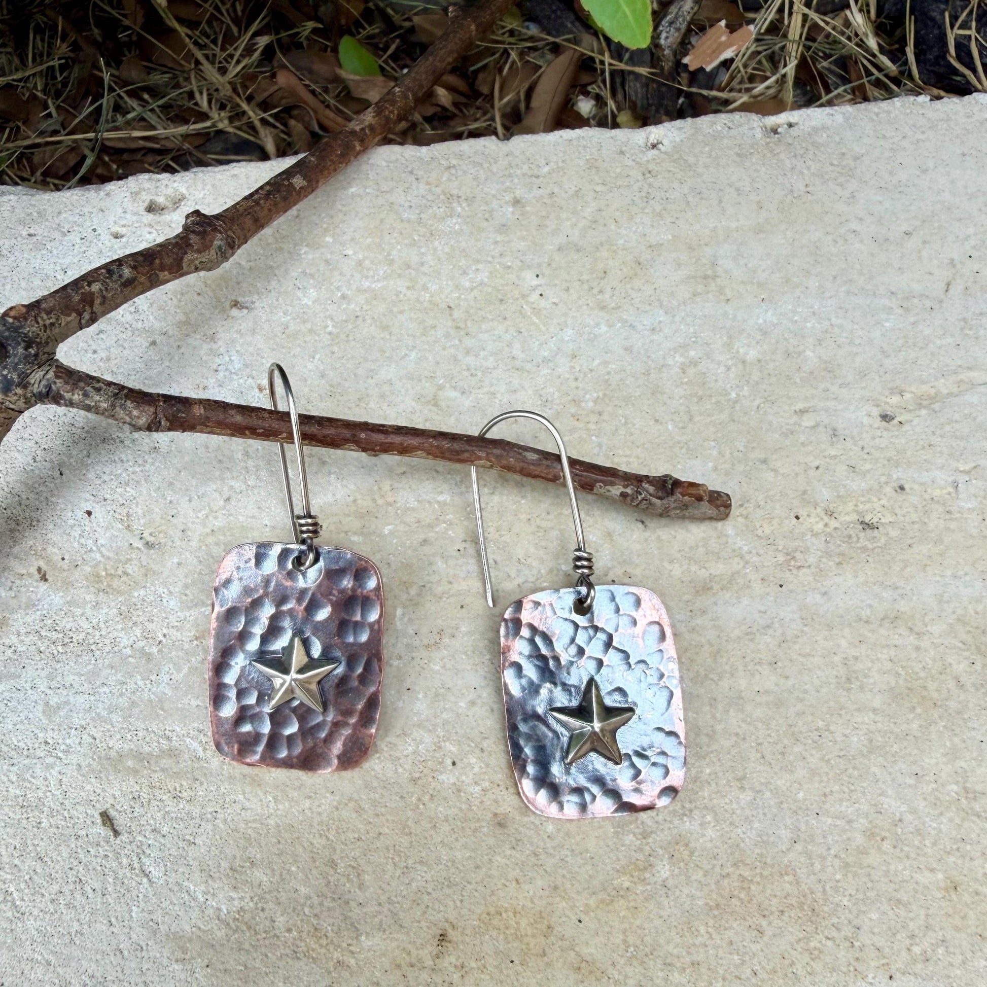 Mixed Metal Copper Earrings with Sterling Silver Star · Lonestar Hammered Western Dangle Drop Earrings
