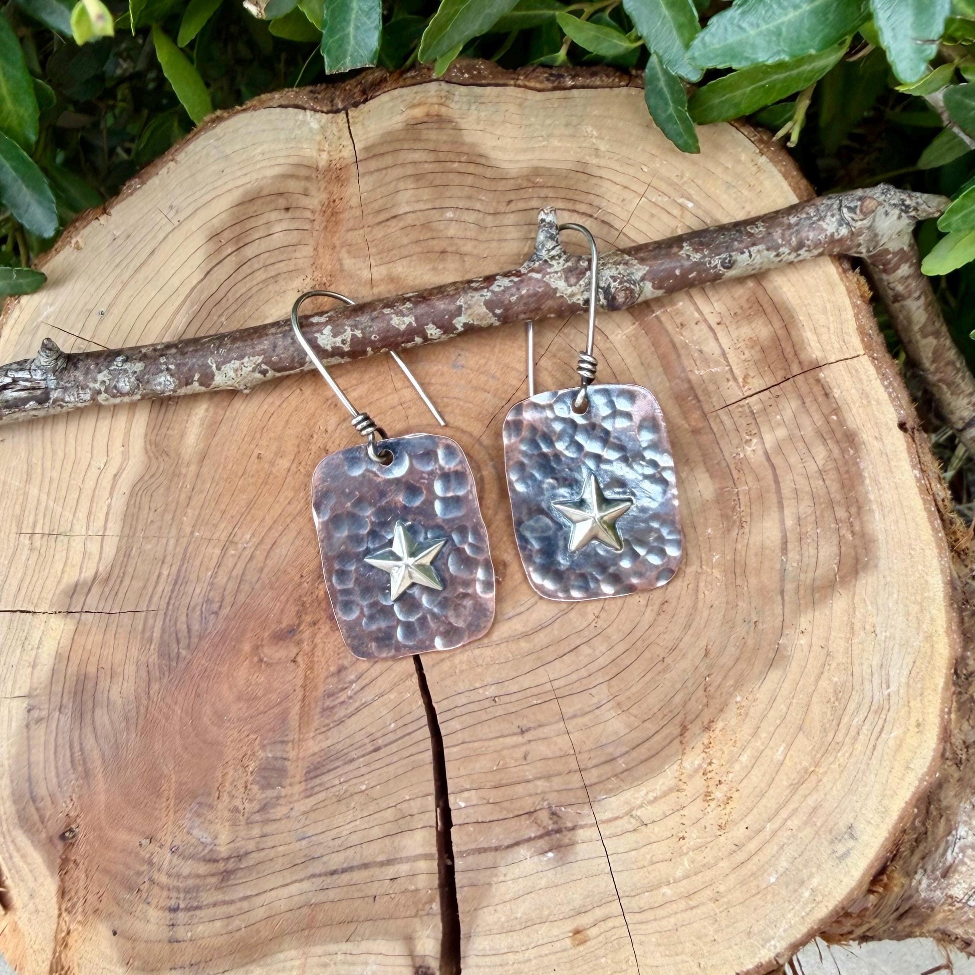 Mixed Metal Copper Earrings with Sterling Silver Star · Lonestar Hammered Western Dangle Drop Earrings
