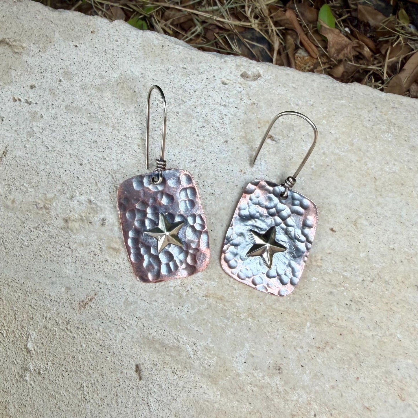 Mixed Metal Copper Earrings with Sterling Silver Star · Lonestar Hammered Western Dangle Drop Earrings