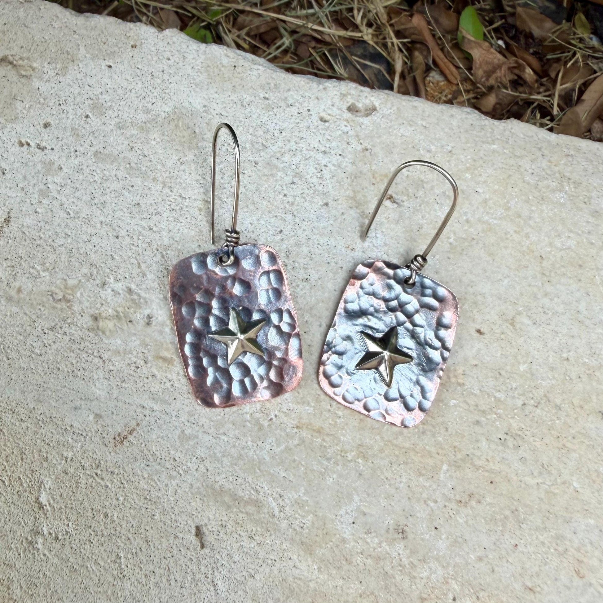Mixed Metal Copper Earrings with Sterling Silver Star · Lonestar Hammered Western Dangle Drop Earrings