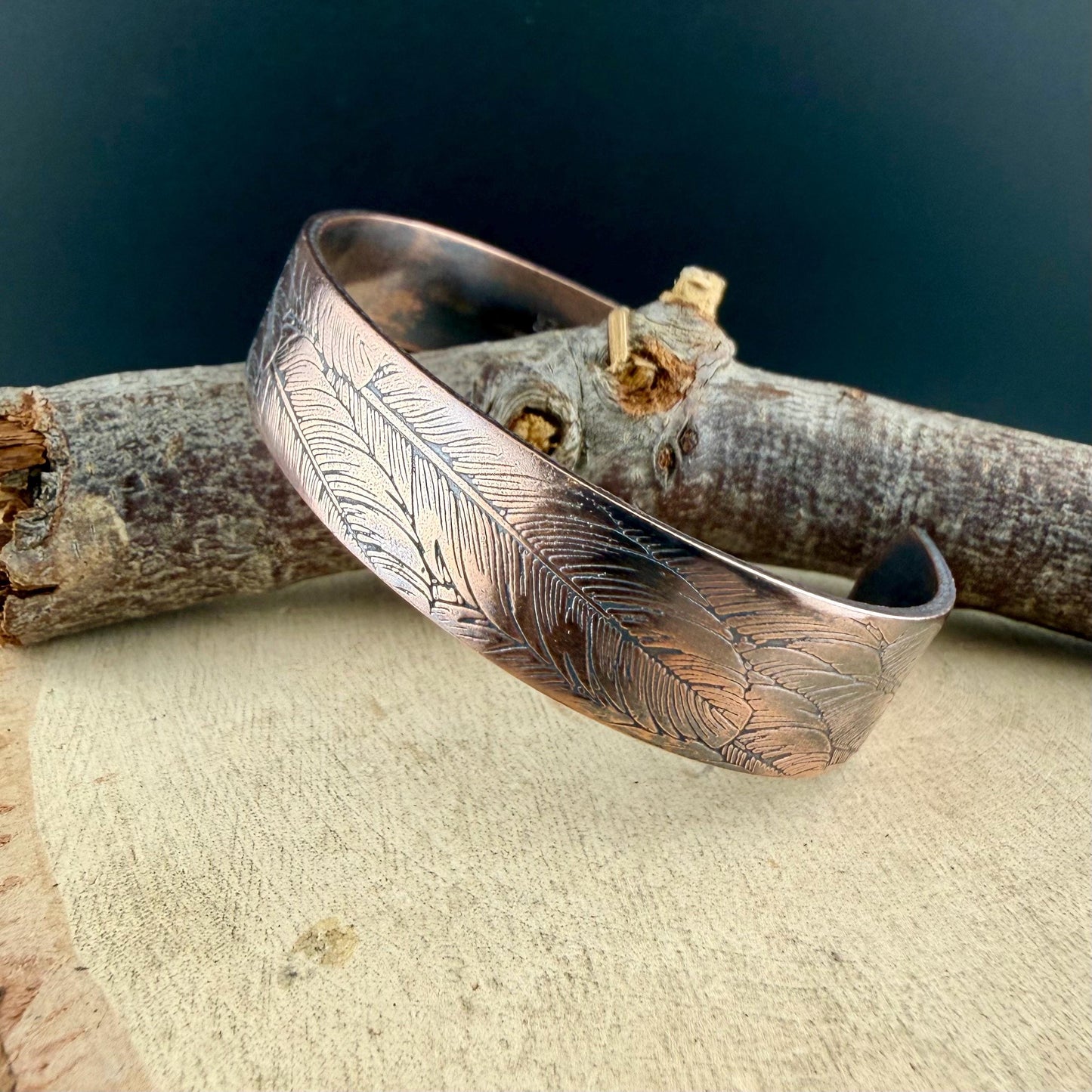 Feather Embossed Copper Cuff • Rustic Raw Copper Bracelet • Hand‑Forged Southwestern Jewelry