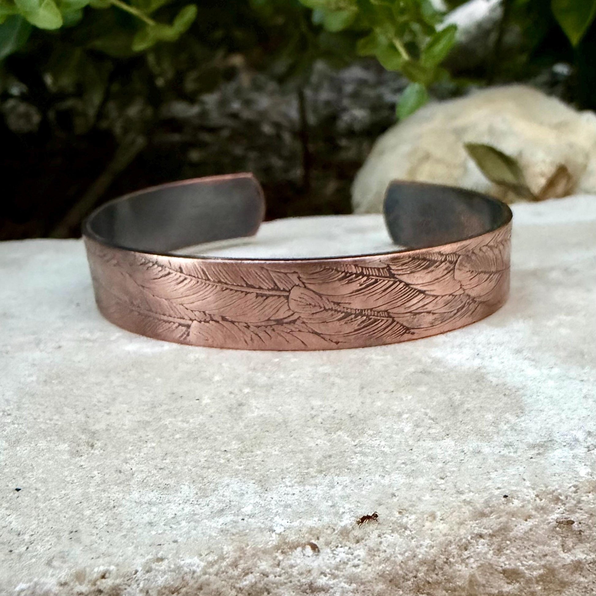 Feather Embossed Copper Cuff • Rustic Raw Copper Bracelet • Hand‑Forged Southwestern Jewelry