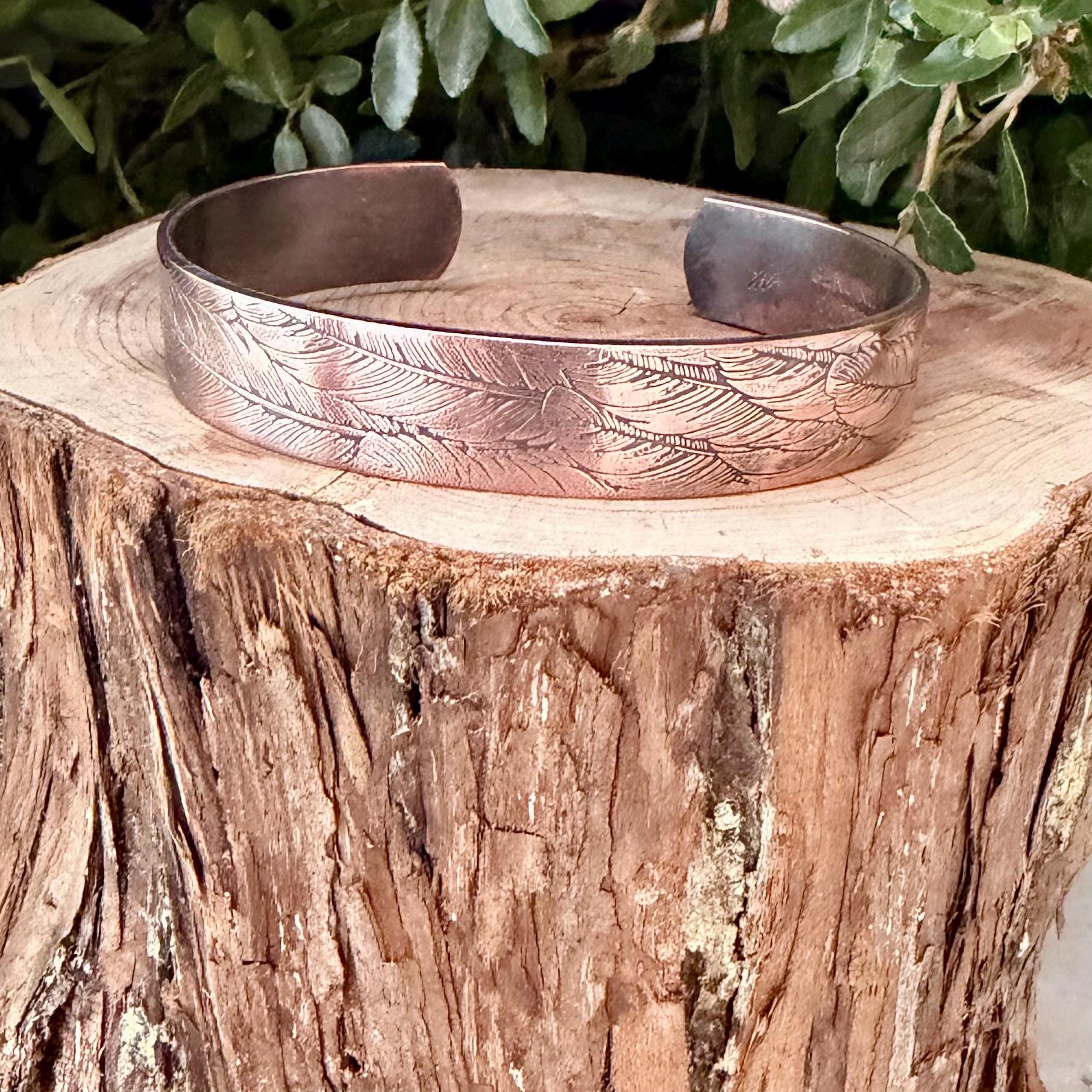 Feather Embossed Copper Cuff • Rustic Raw Copper Bracelet • Hand‑Forged Southwestern Jewelry