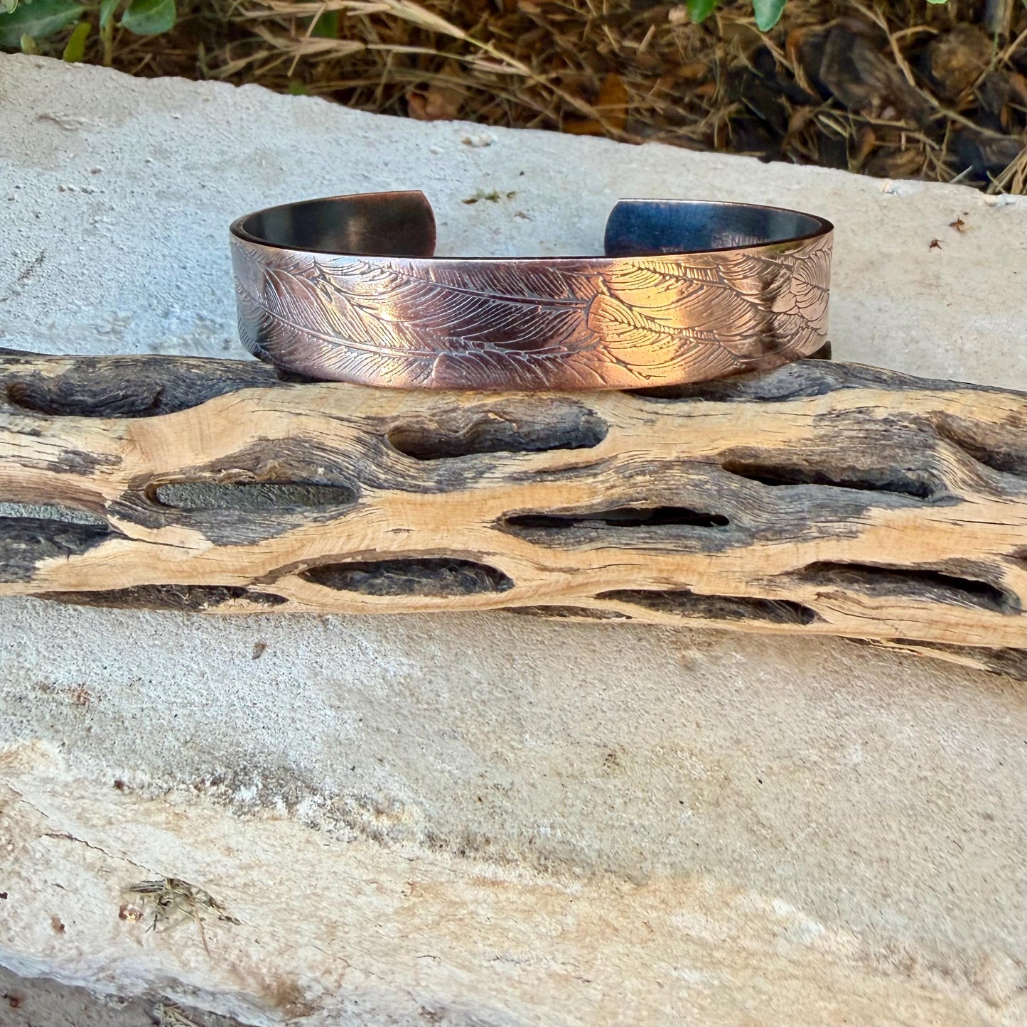 Feather Embossed Copper Cuff • Rustic Raw Copper Bracelet • Hand‑Forged Southwestern Jewelry