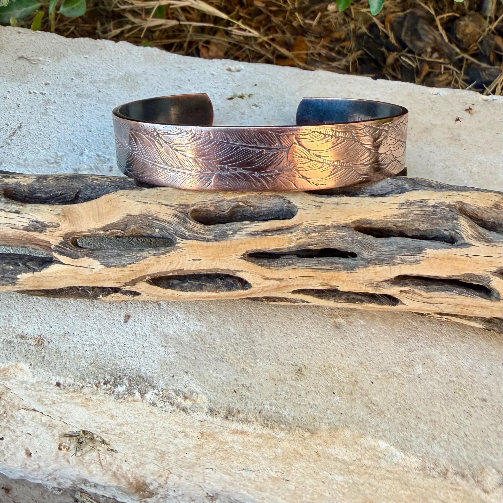 Feather Embossed Copper Cuff • Rustic Raw Copper Bracelet • Hand‑Forged Southwestern Jewelry