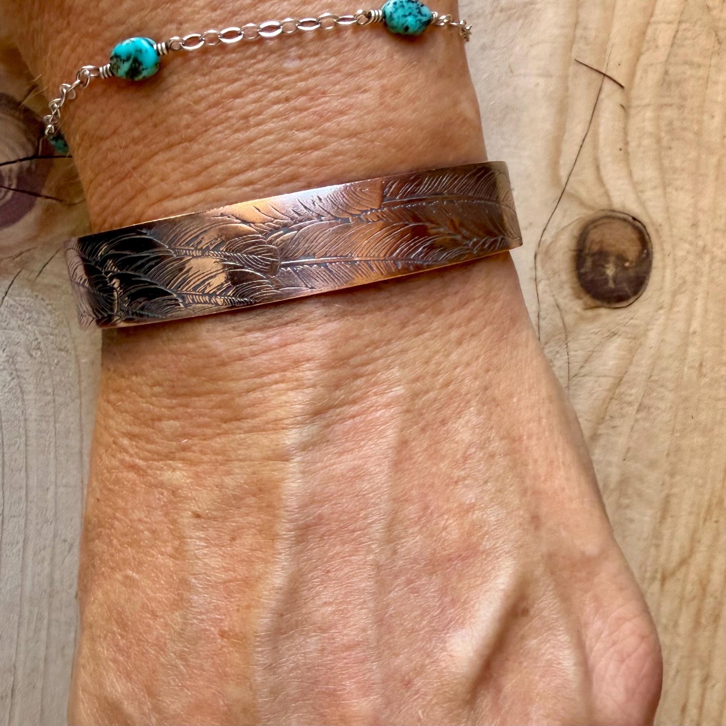 Feather Embossed Copper Cuff • Rustic Raw Copper Bracelet • Hand‑Forged Southwestern Jewelry