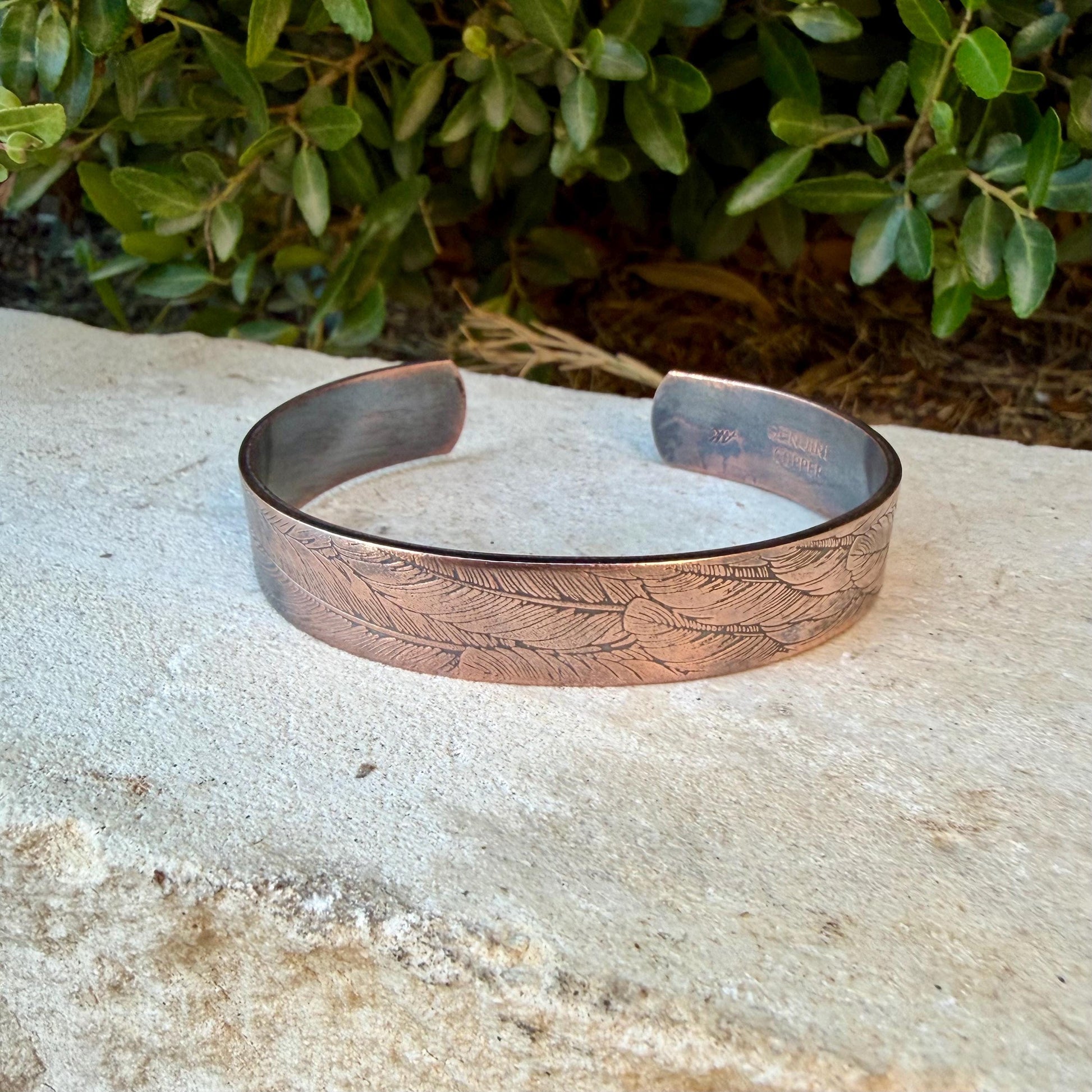 Feather Embossed Copper Cuff • Rustic Raw Copper Bracelet • Hand‑Forged Southwestern Jewelry