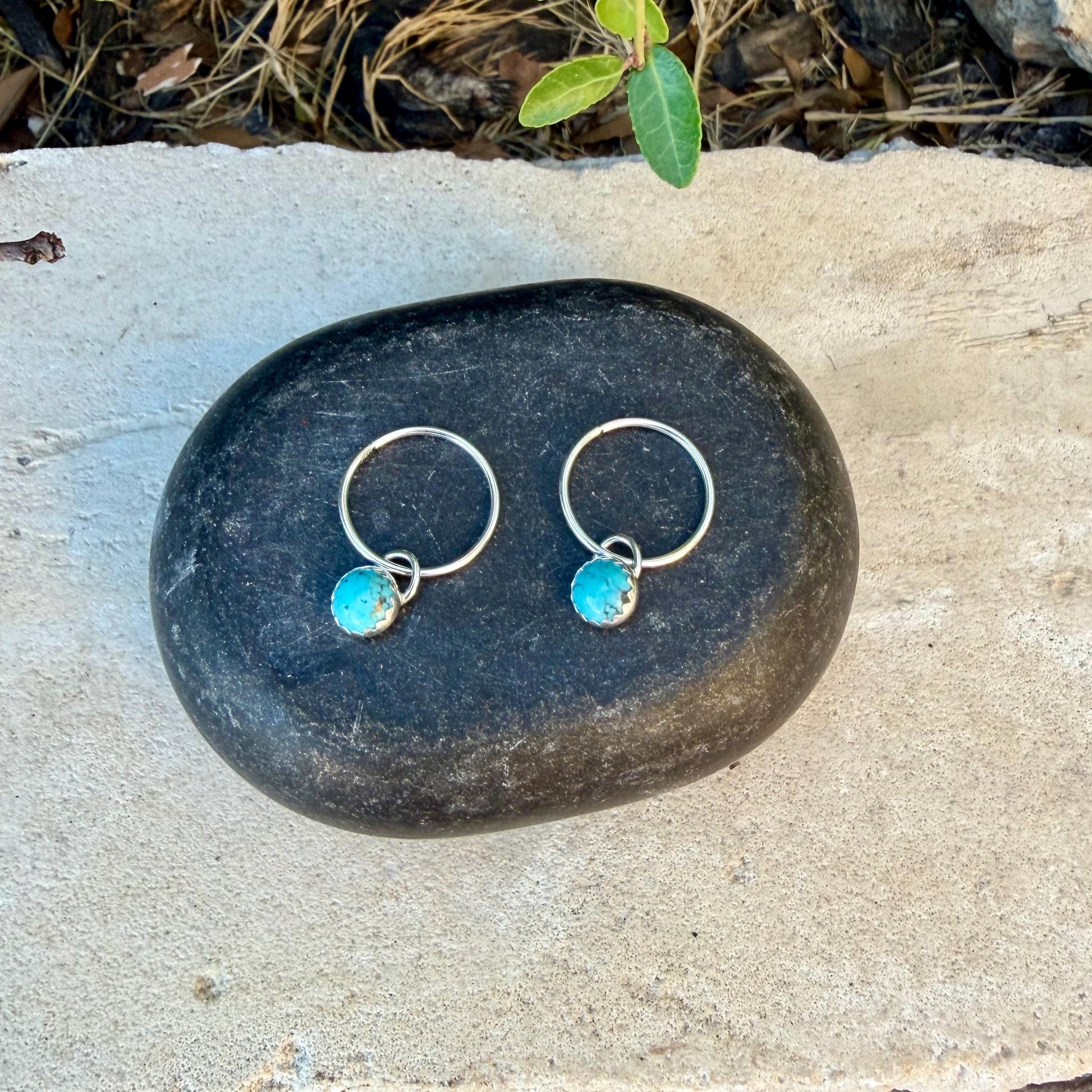 Sterling Silver Sleeper Hoop Earrings • Minimalist Hoops with Optional Kingman Turquoise Dangle
