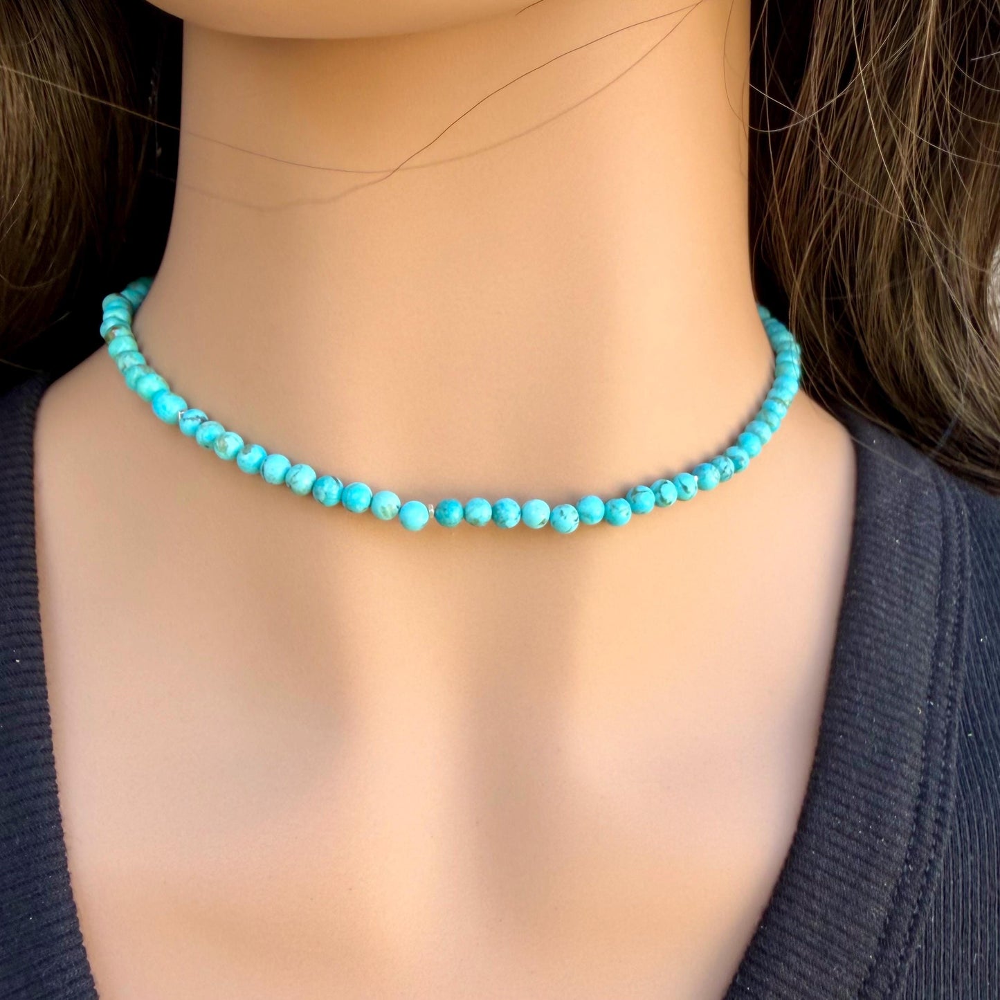 Kingman Turquoise Choker • 4–5mm Beads • Baby Blue Turquoise Necklace • Sterling Spacers
