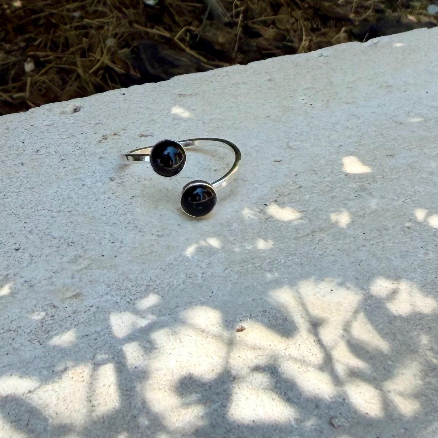 Black Onyx Sterling Silver Ring • Adjustable Double Cabochon Bezel • Midnight Onyx Stone