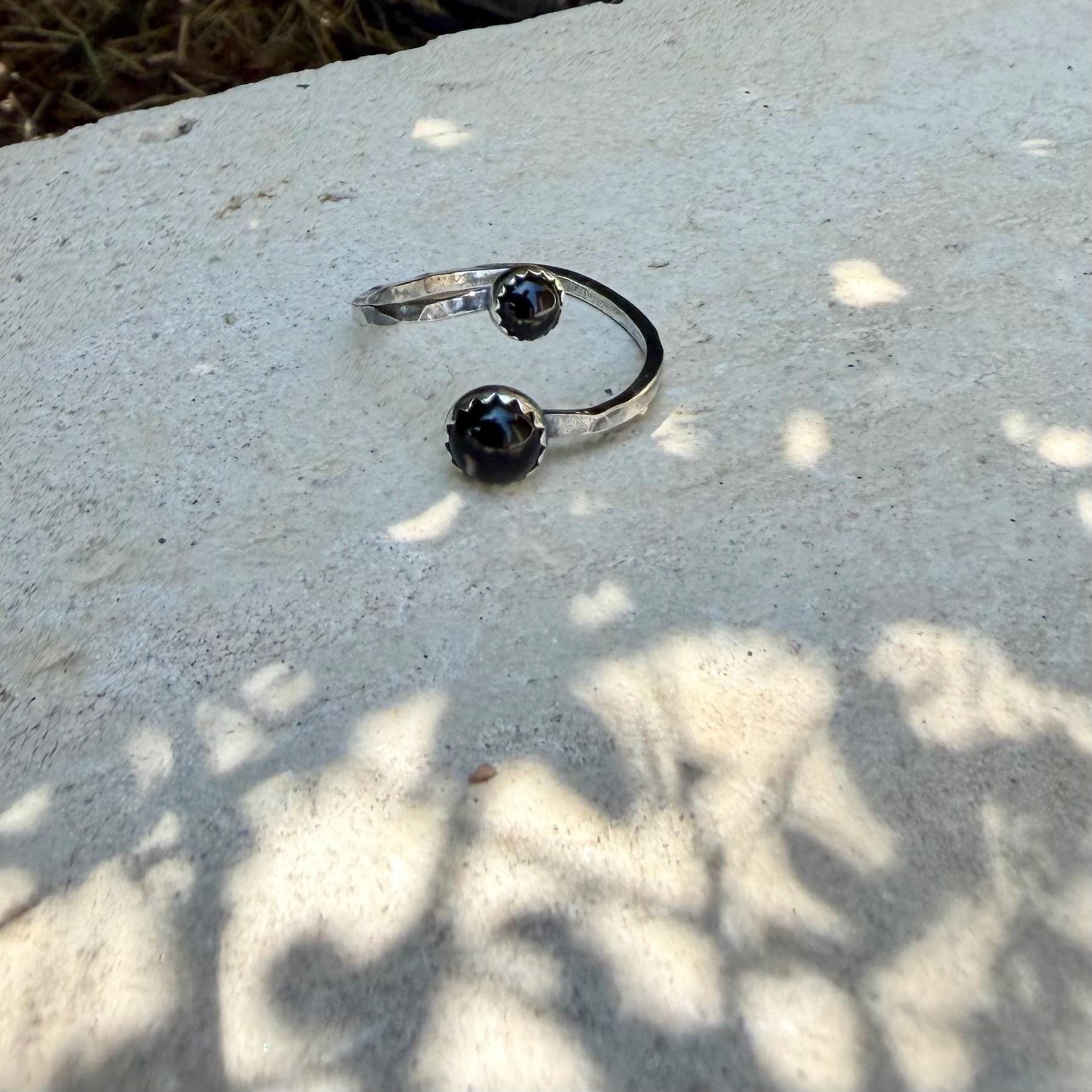 Black Onyx Sterling Silver Ring • Adjustable Double Cabochon Bezel • Midnight Onyx Stone