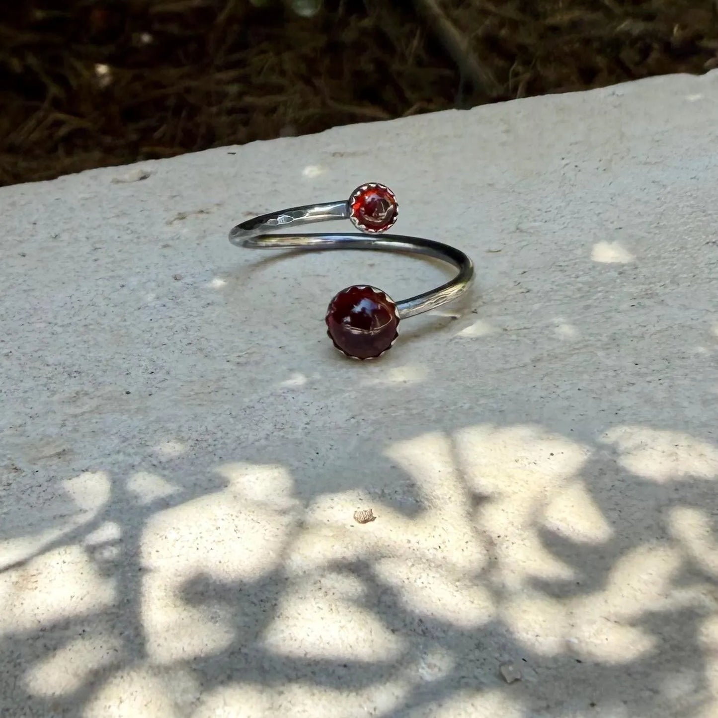 Garnet Sterling Silver Ring • Adjustable Double Bezel • Deep Red Garnet Cabochon