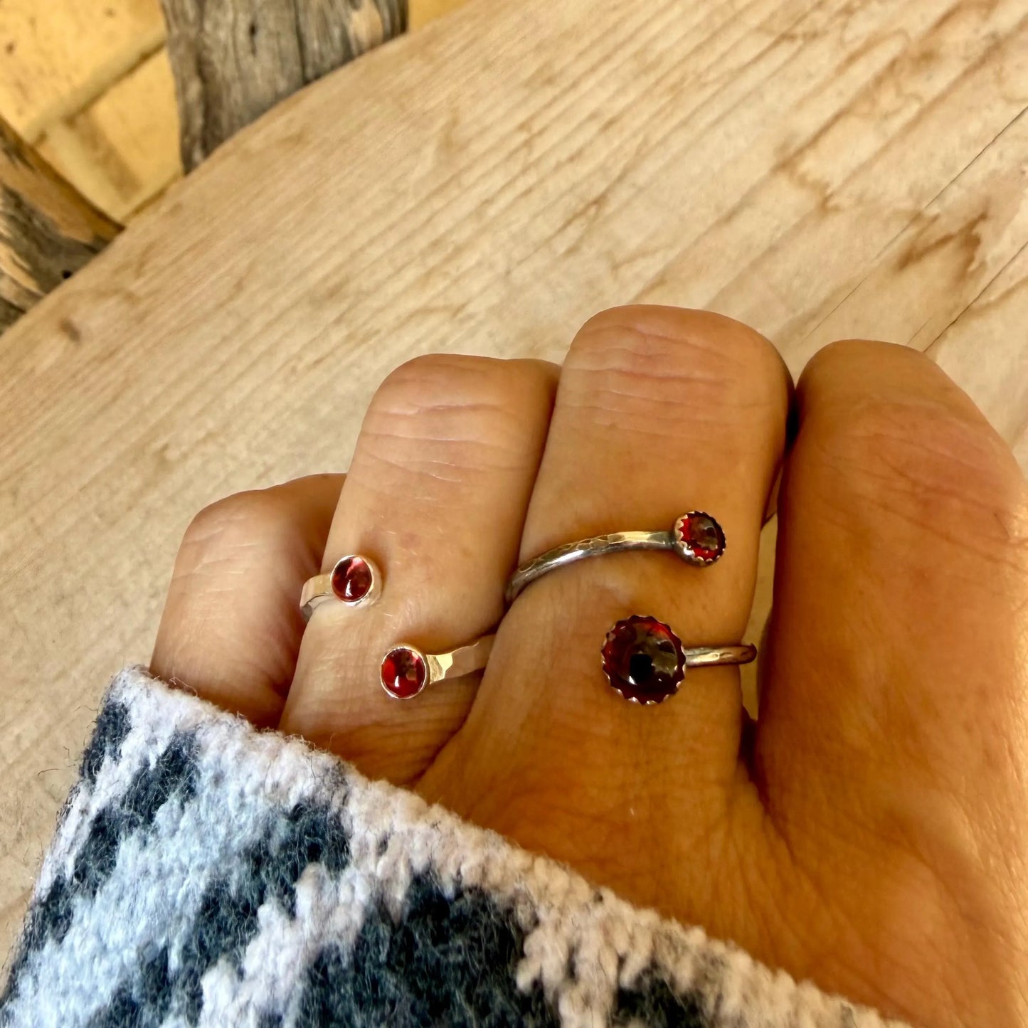 Garnet Sterling Silver Ring • Adjustable Double Bezel • Deep Red Garnet Cabochon