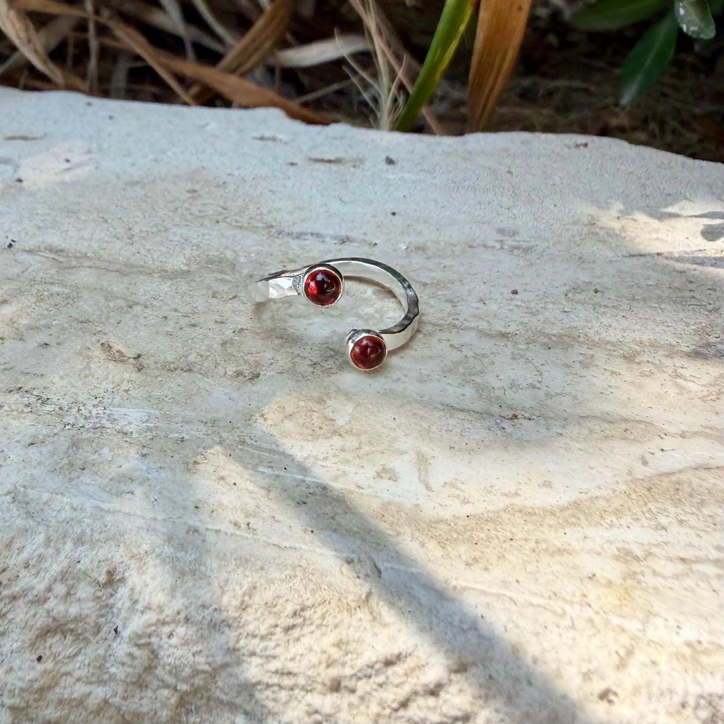 Garnet Sterling Silver Ring • Adjustable Double Bezel • Deep Red Garnet Cabochon
