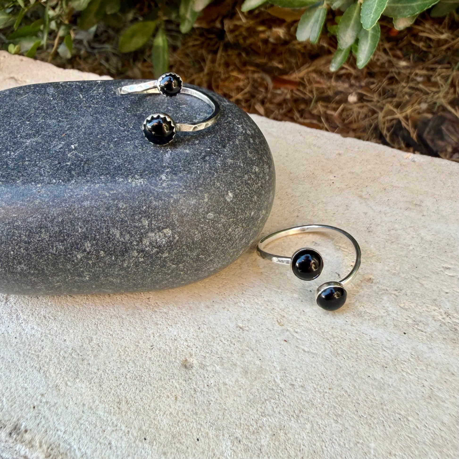 Black Onyx Sterling Silver Ring • Adjustable Double Cabochon Bezel • Midnight Onyx Stone