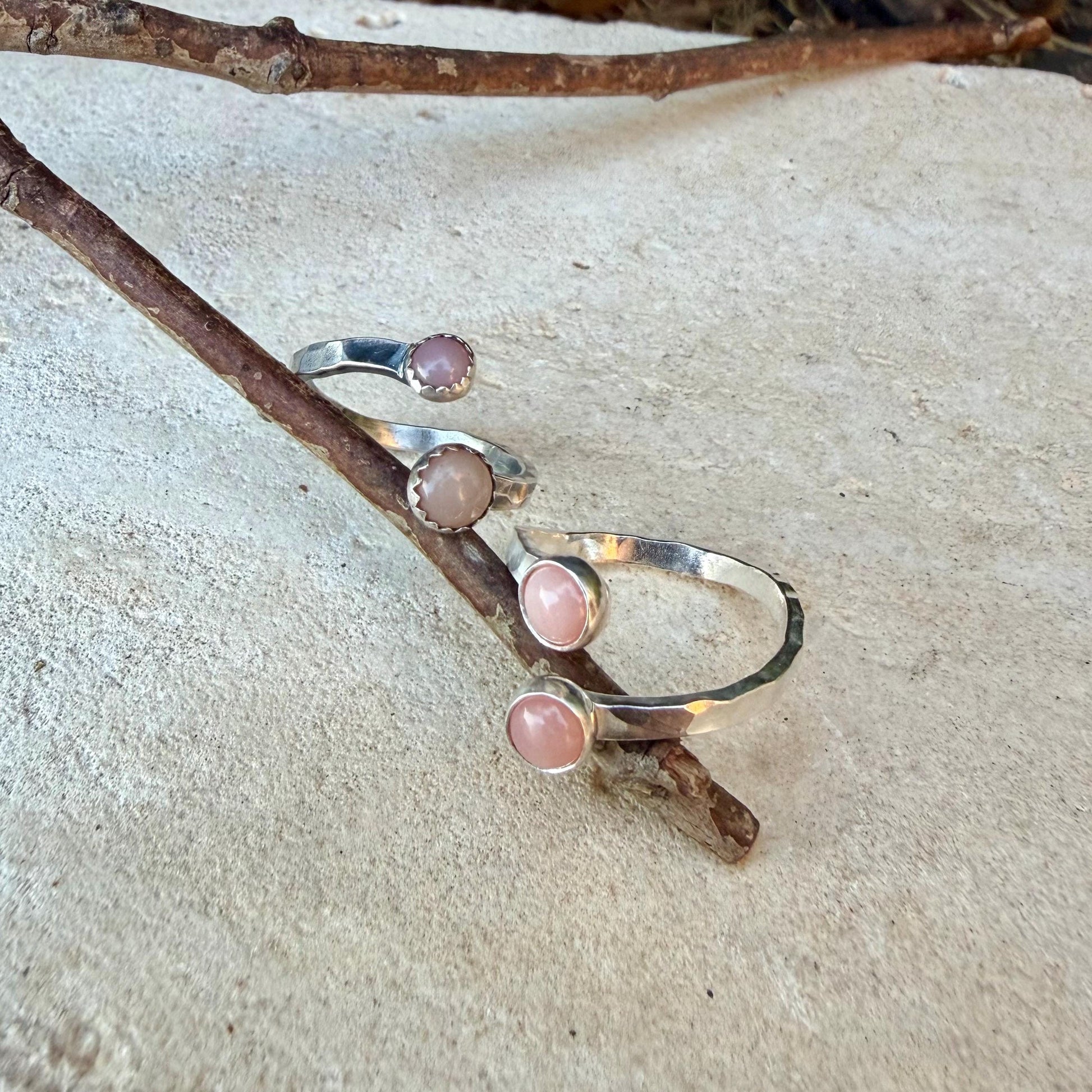 Pink Opal Sterling Silver Ring • Adjustable Double Bezel • Soft Blush Peruvian Stone