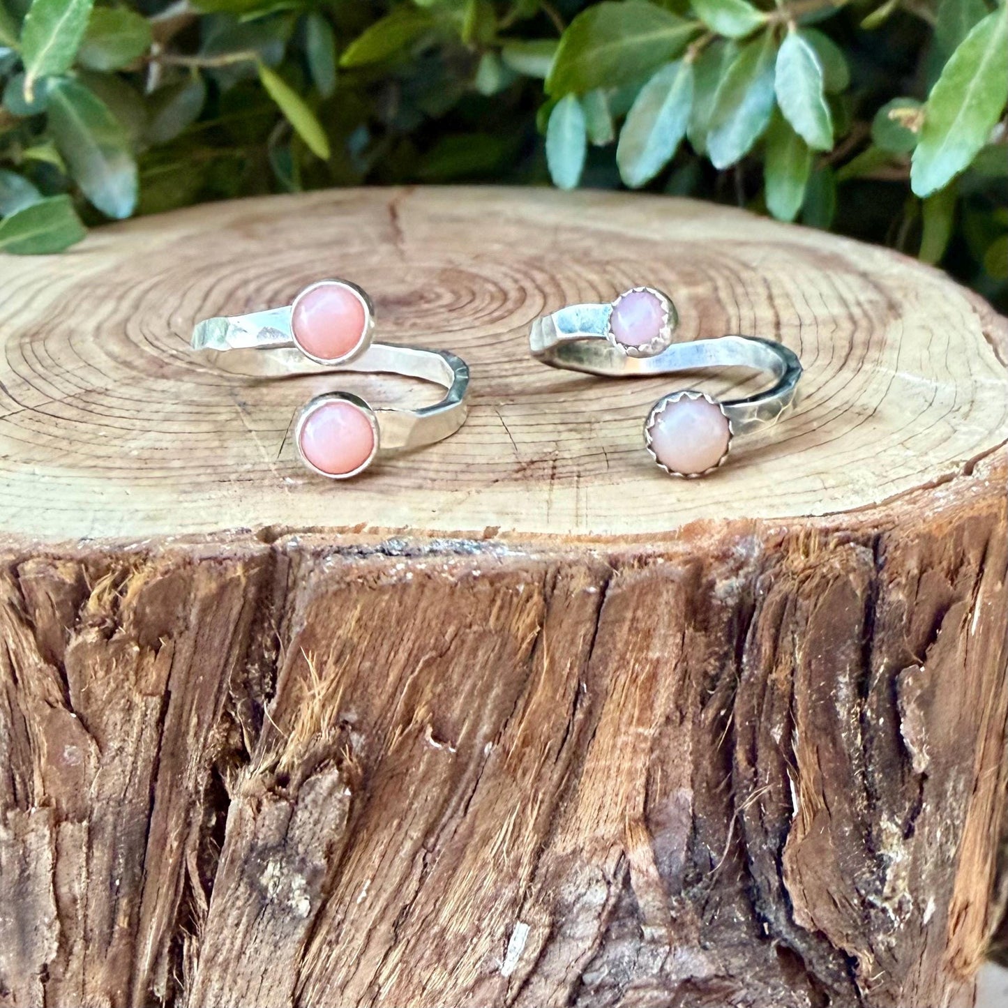 Pink Opal Sterling Silver Ring • Adjustable Double Bezel • Soft Blush Peruvian Stone