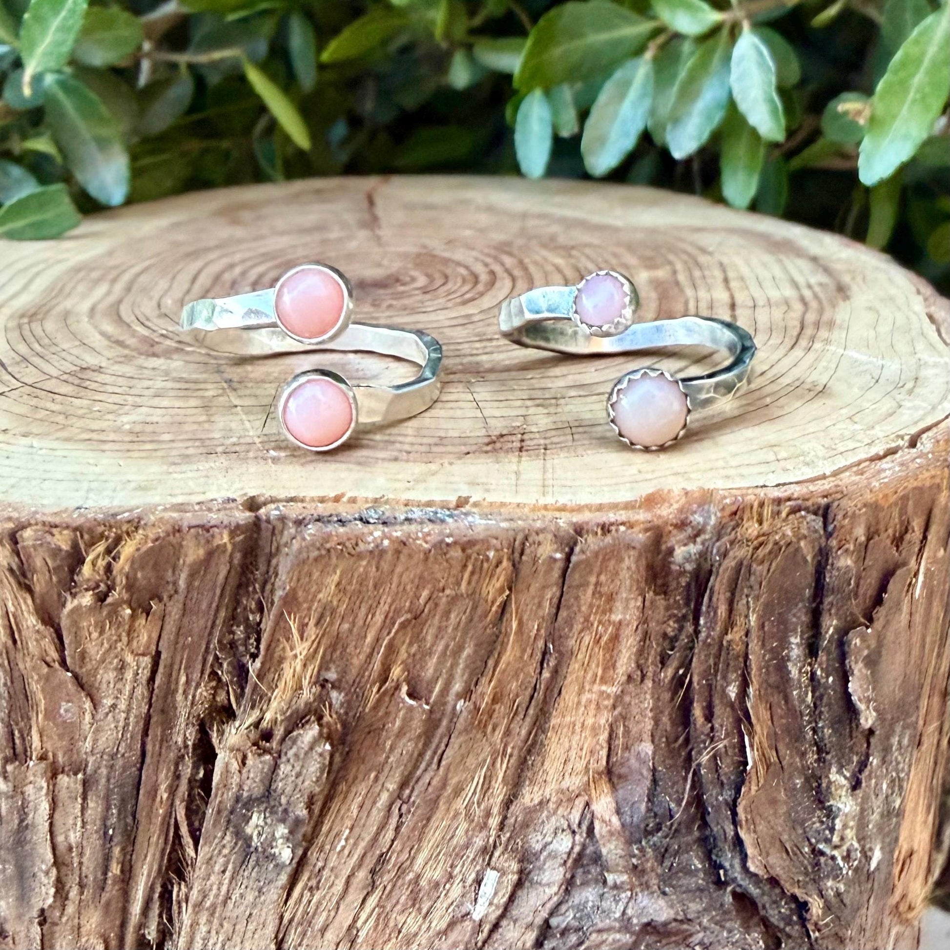 Pink Opal Sterling Silver Ring • Adjustable Double Bezel • Soft Blush Peruvian Stone