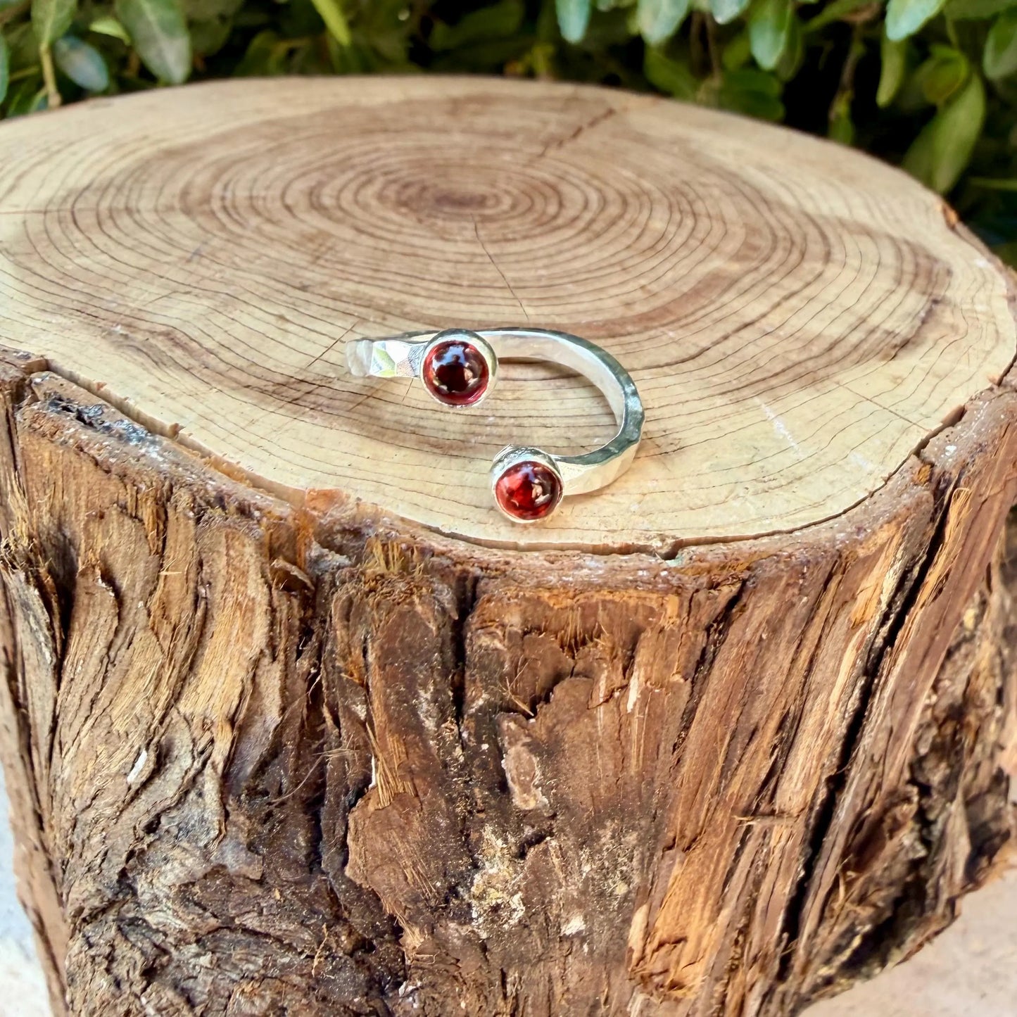 Garnet Sterling Silver Ring • Adjustable Double Bezel • Deep Red Garnet Cabochon