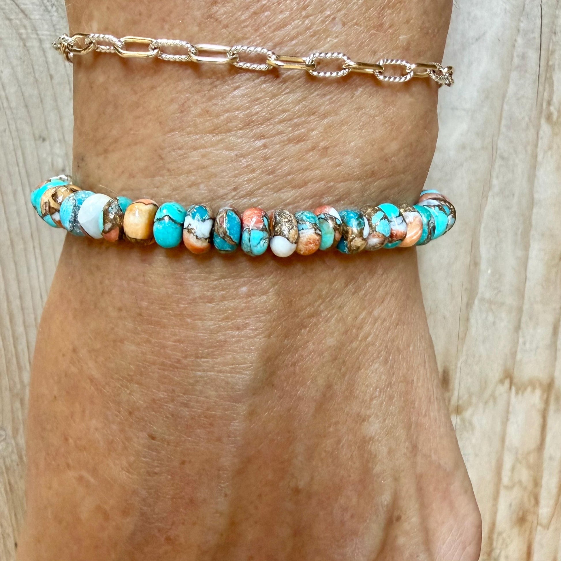 Spiny Oyster Kingman Turquoise Stretch Bracelet • Southwest Jewelry