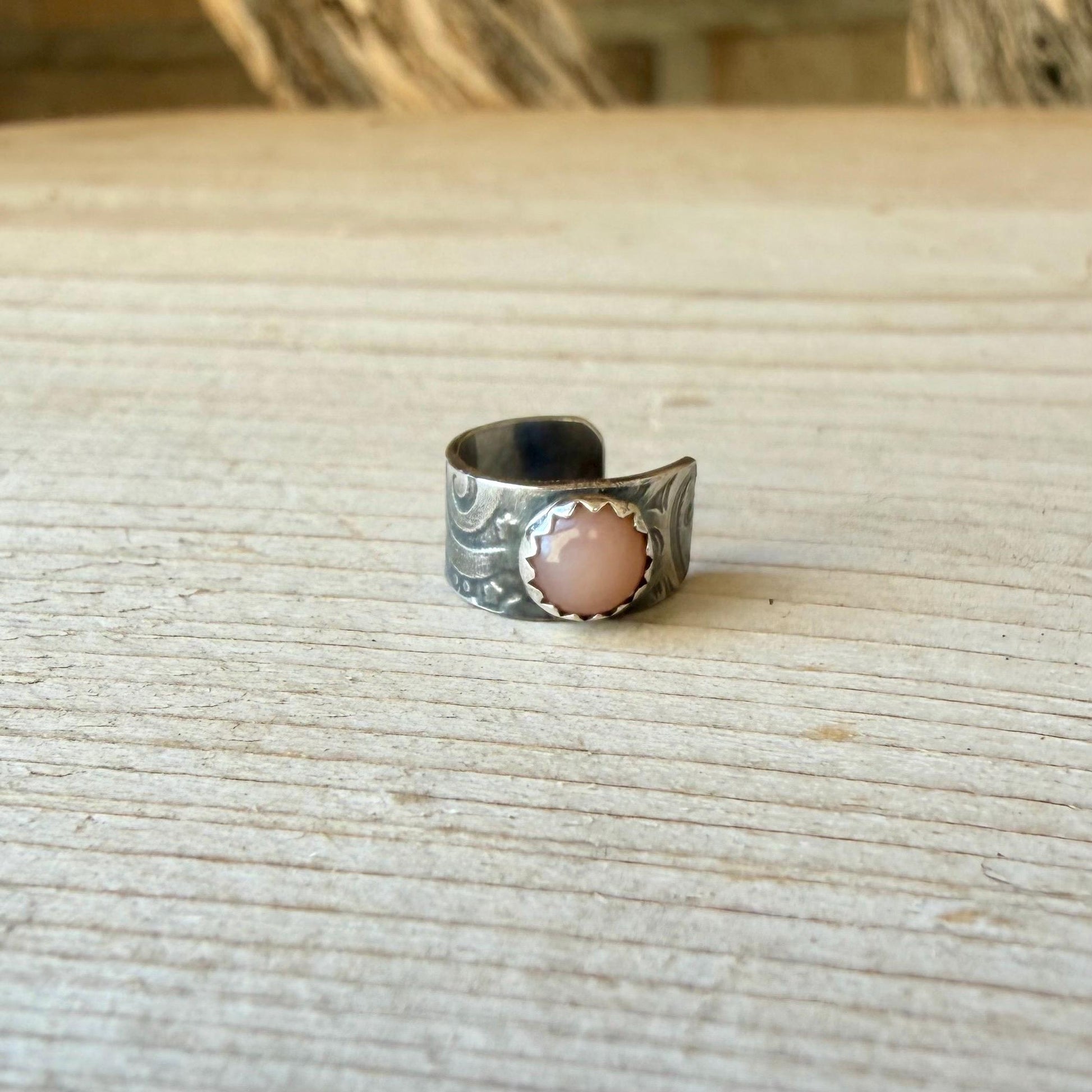 Sterling Silver Pink Opal Ear Cuff • Paisley Embossed • Faux Conch • No Piercing Needed