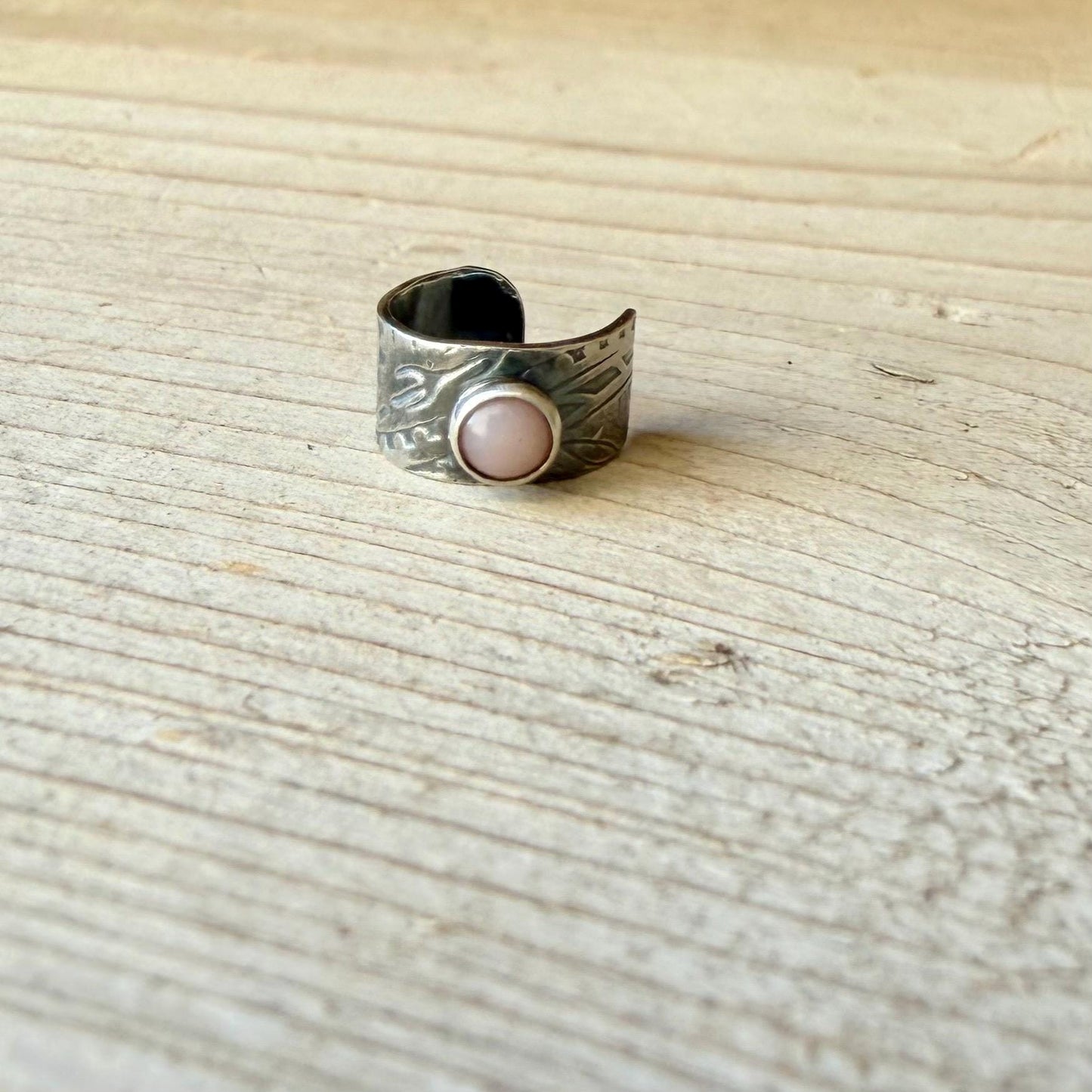 Sterling Silver Pink Opal Ear Cuff • Paisley Embossed • Faux Conch • No Piercing Needed
