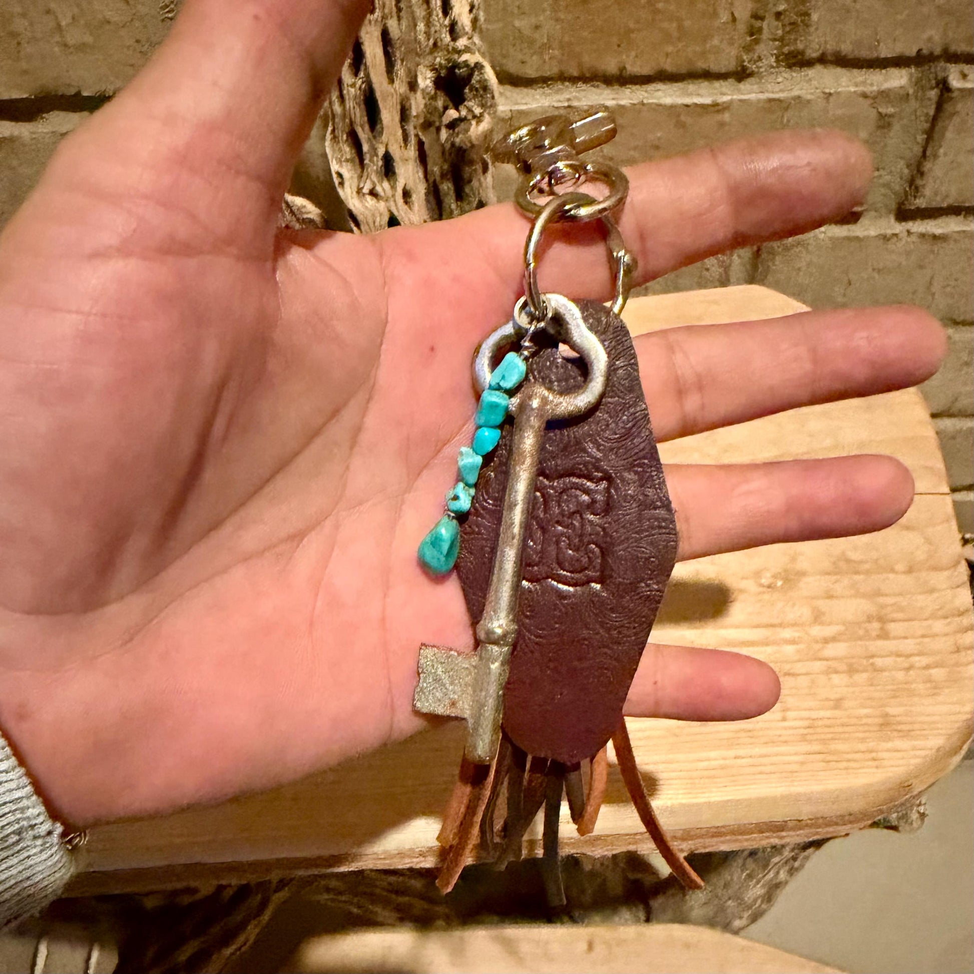 Vintage Skeleton Keychain • Leather Initial Fob • Deerskin Tassel • Kingman Turquoise Accent
