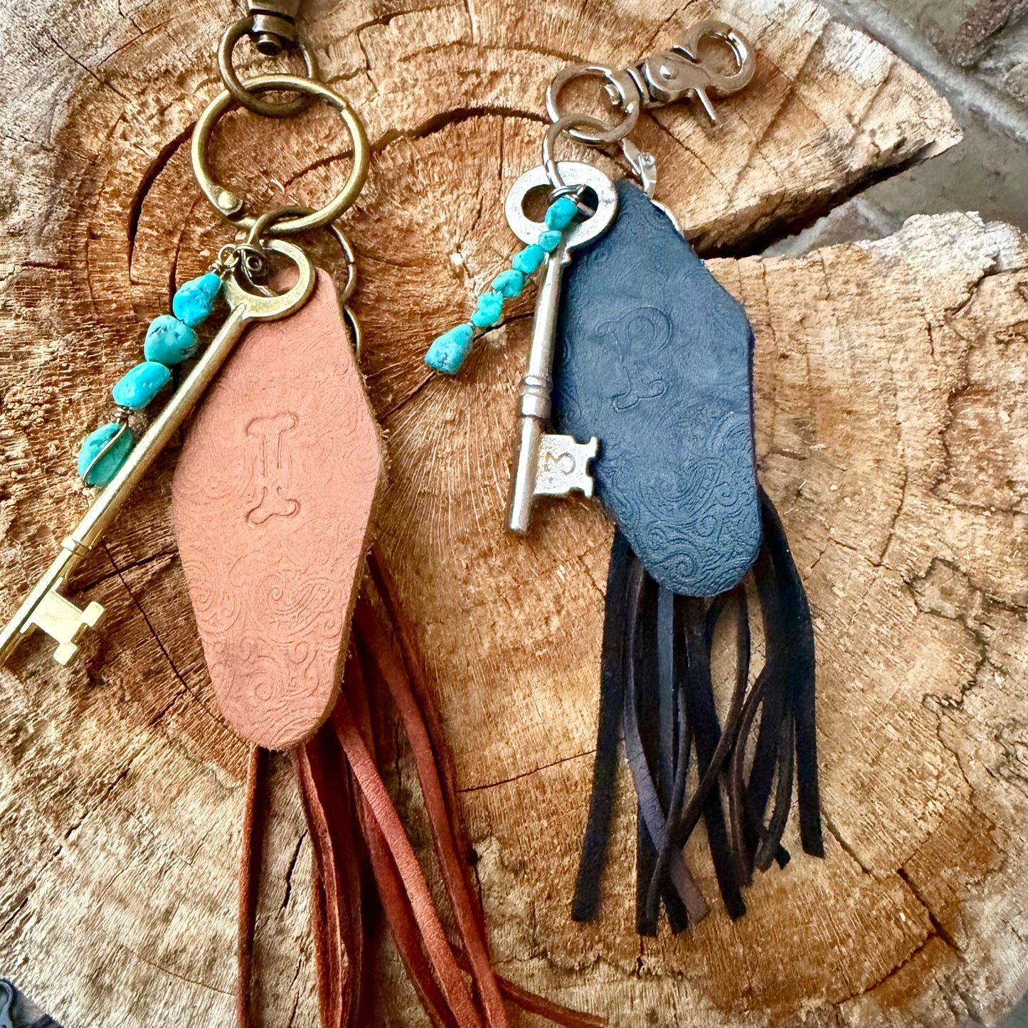 Vintage Skeleton Keychain • Leather Initial Fob • Deerskin Tassel • Kingman Turquoise Accent