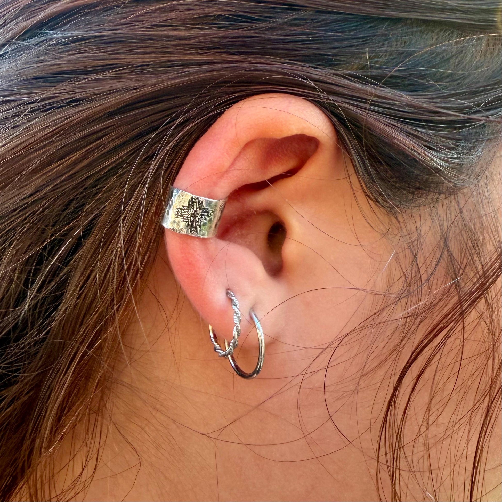 Sterling Silver Southwest Cross Hammered Ear Cuff | Wide Conch Band | No-Piercing Earring