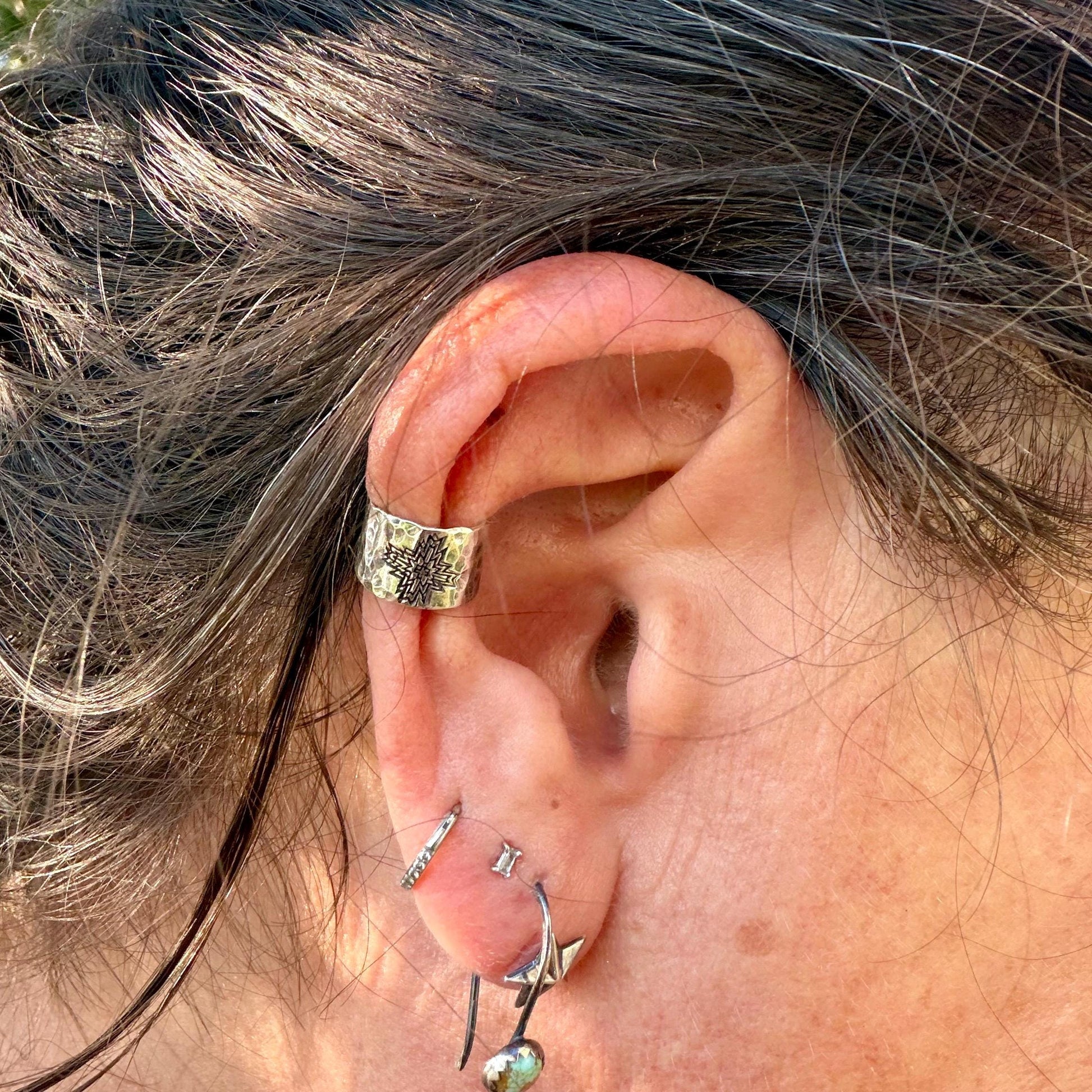 Sterling Silver Southwest Cross Hammered Ear Cuff | Wide Conch Band | No-Piercing Earring