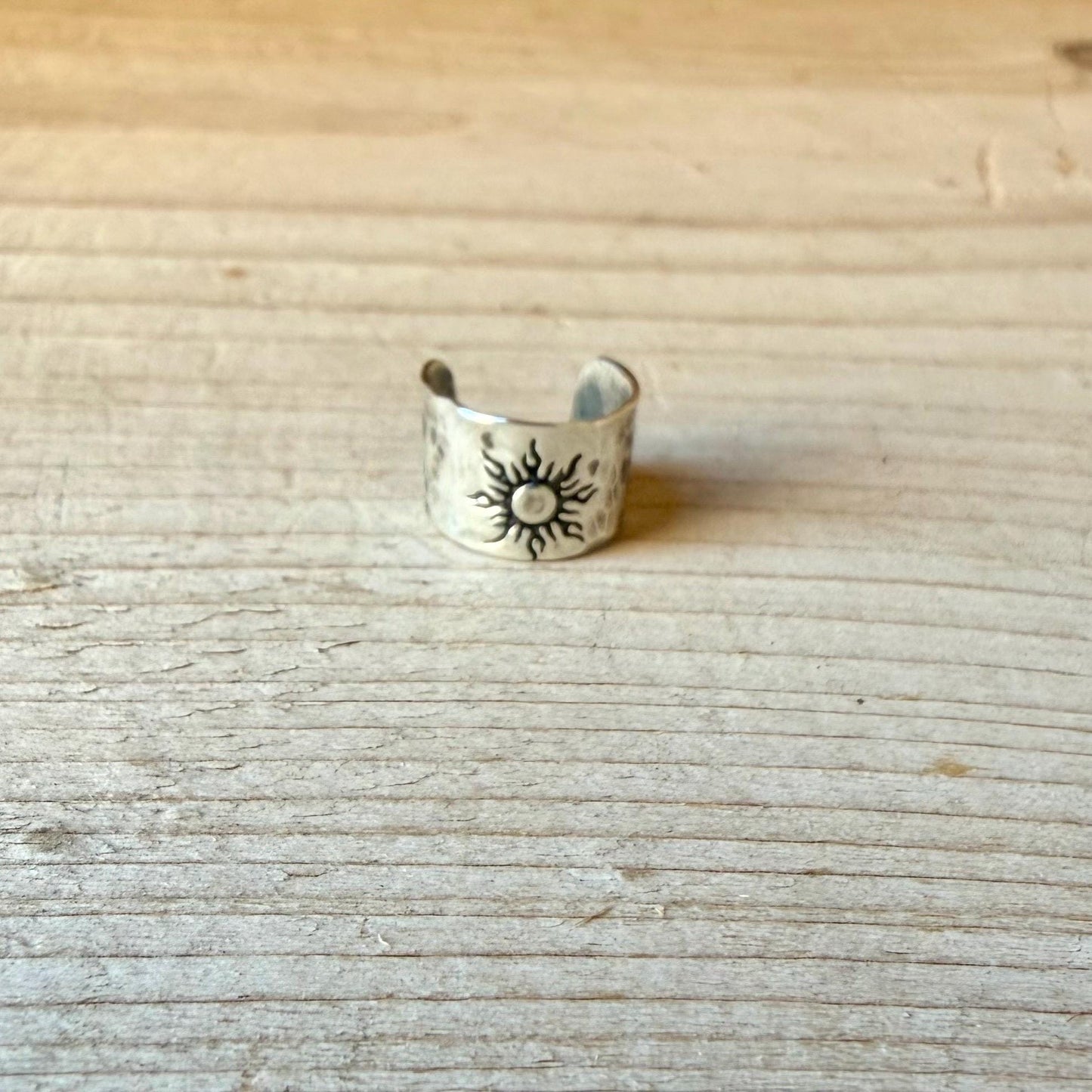 Sterling Silver Southwest Sun Hammered Ear Cuff | Wide Conch Band | No-Piercing Earring