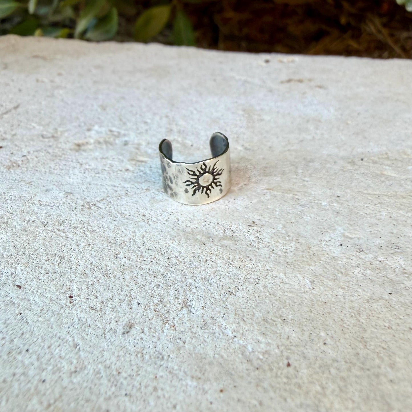 Sterling Silver Southwest Sun Hammered Ear Cuff | Wide Conch Band | No-Piercing Earring