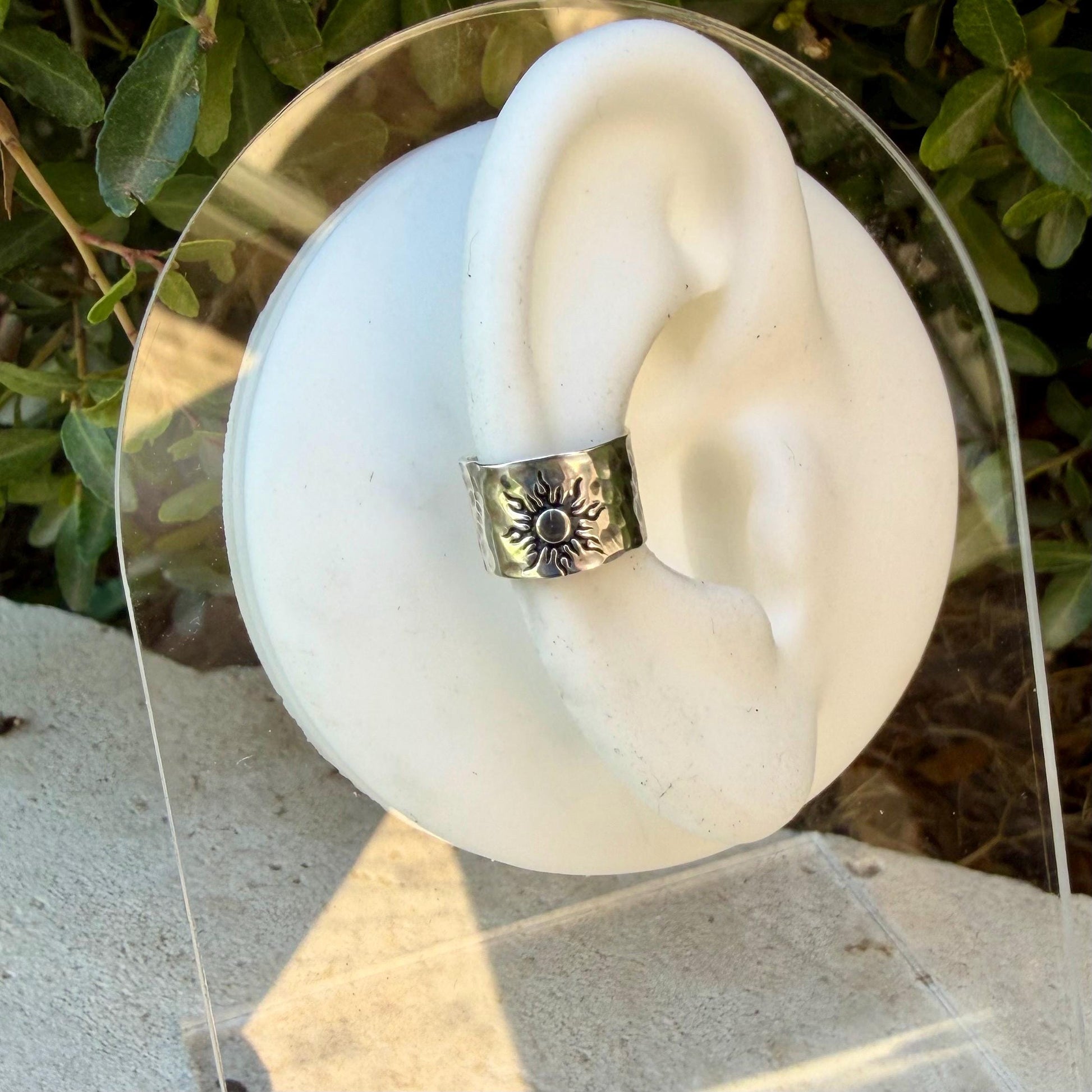 Sterling Silver Southwest Sun Hammered Ear Cuff | Wide Conch Band | No-Piercing Earring