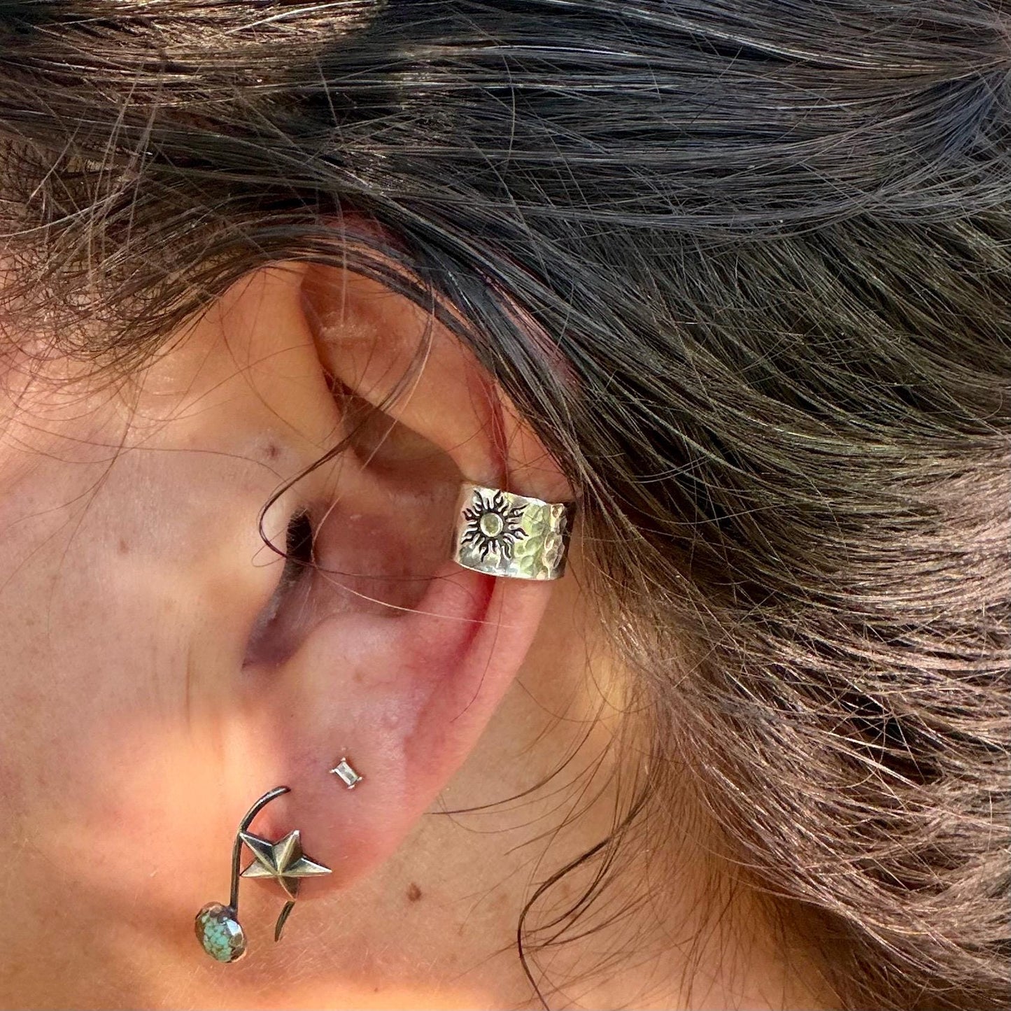Sterling Silver Southwest Sun Hammered Ear Cuff | Wide Conch Band | No-Piercing Earring