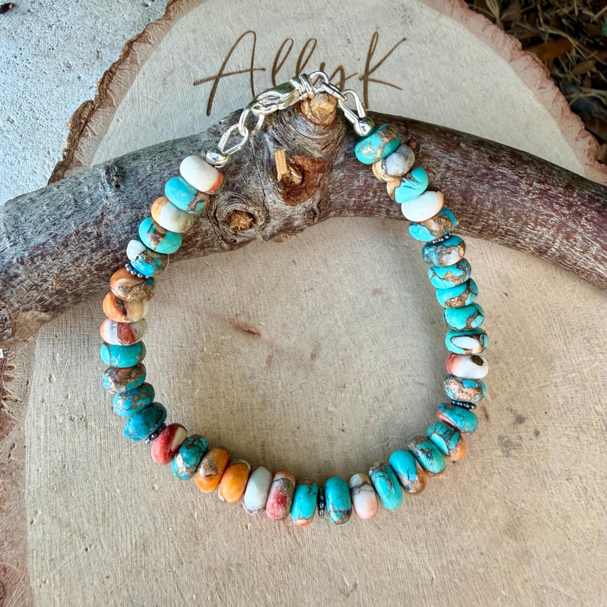 Spiny Oyster Kingman Turquoise Bracelet • Bronze Rondelles • Southwest Jewelry